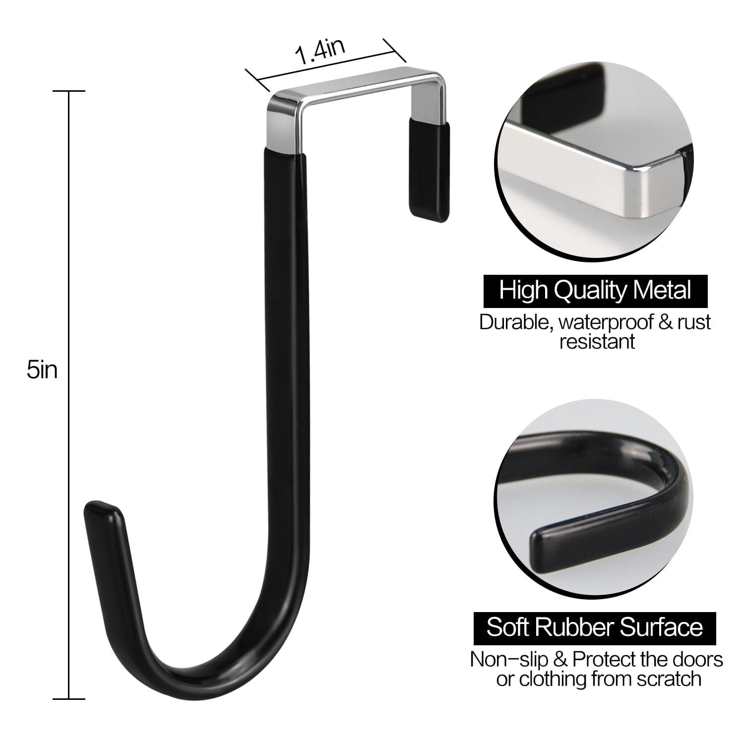 Over The Door Hooks, 4 Pack Upgraded Long Door Hangers Hooks with Rubber Prevent Scratches Heavy Duty Organizer Hooks for Hanging Clothes, Towels, Hats, Coats, Bags Black