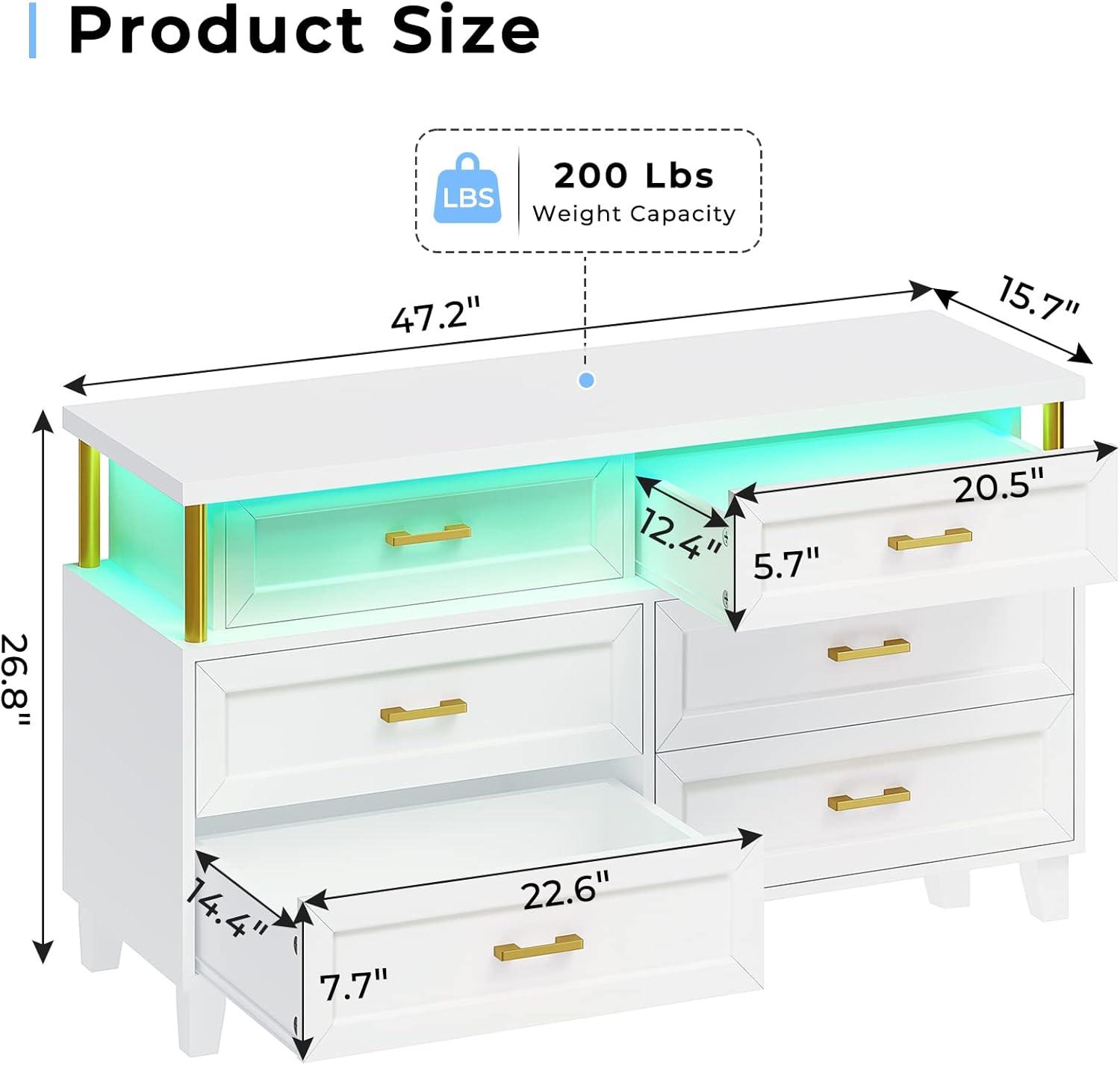 White 6 Drawer Dresser with Led Light,Dresser for Bedroom, Dressers & Chests of Drawers with Column Design, Modern Bedroom Wood Long Closet