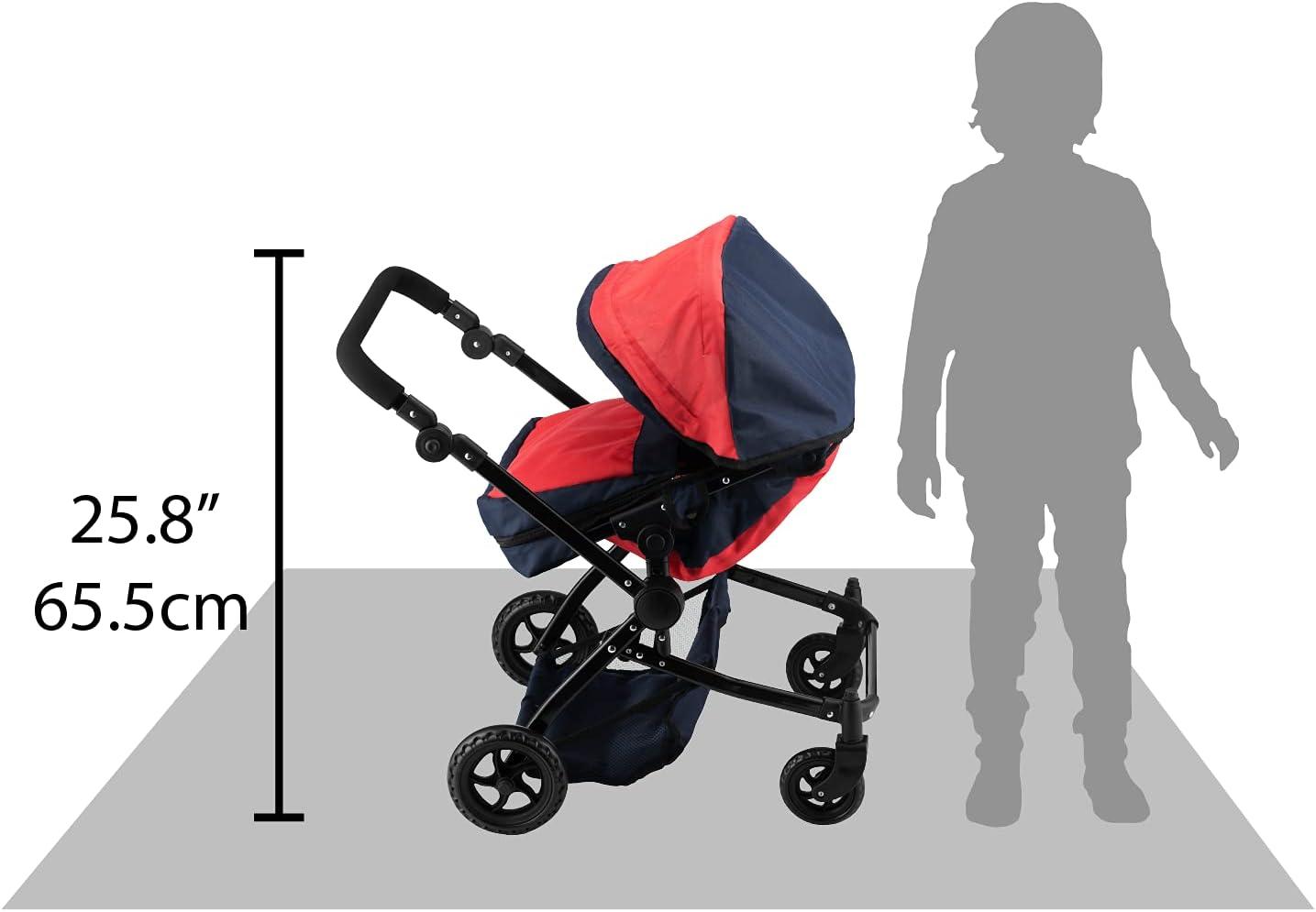 Double Doll Stroller for Twin Baby Dolls - Convertible Seat Toy Stroller for Toddlers 3 Years and up, Adjustable Handle with Storage Basket, Red Design for Kids