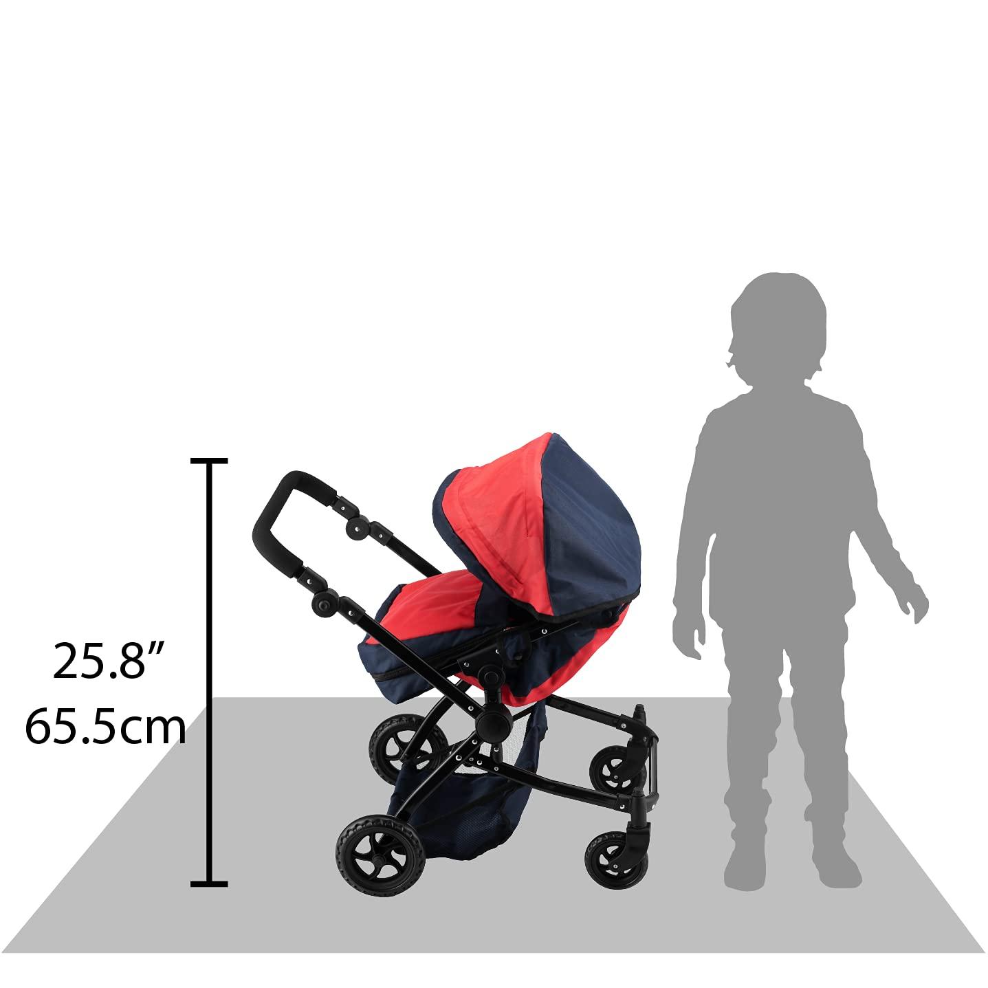Double Doll Stroller for Twin Baby Dolls - Convertible Seat Toy Stroller for Toddlers 3 Years and up, Adjustable Handle with Storage Basket, Red Design for Kids