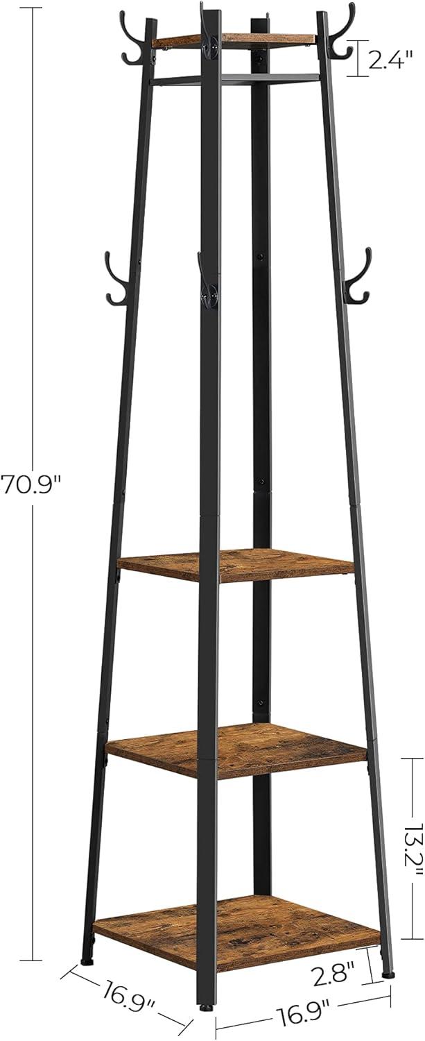 8 Hooks Coat Rack Stand with 3 Shelves Coat Tree for Entryway Bedroom Living Room Rustic Brown and Black