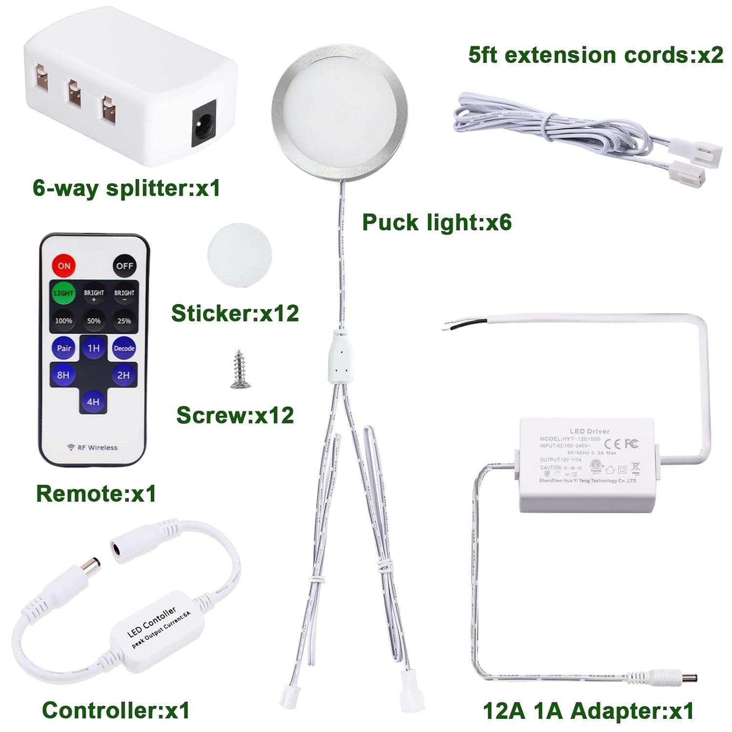 AIBOO Linkable Under Cabinet LED Lighting 12V Dimmable Puck Lights with Wireless RF Remote Control, Hardwired & Wall Plug in for Counter Lighting(6 Lights, Warm White)