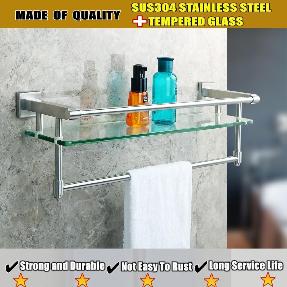 Alise Bathroom Glass Shelf Wall Mounted, Tempered Glass Bathroom Shelf with Towel Bar, SUS304 Stainless Steel Modern Floating Shelf, Brushed Gold, 20 inch