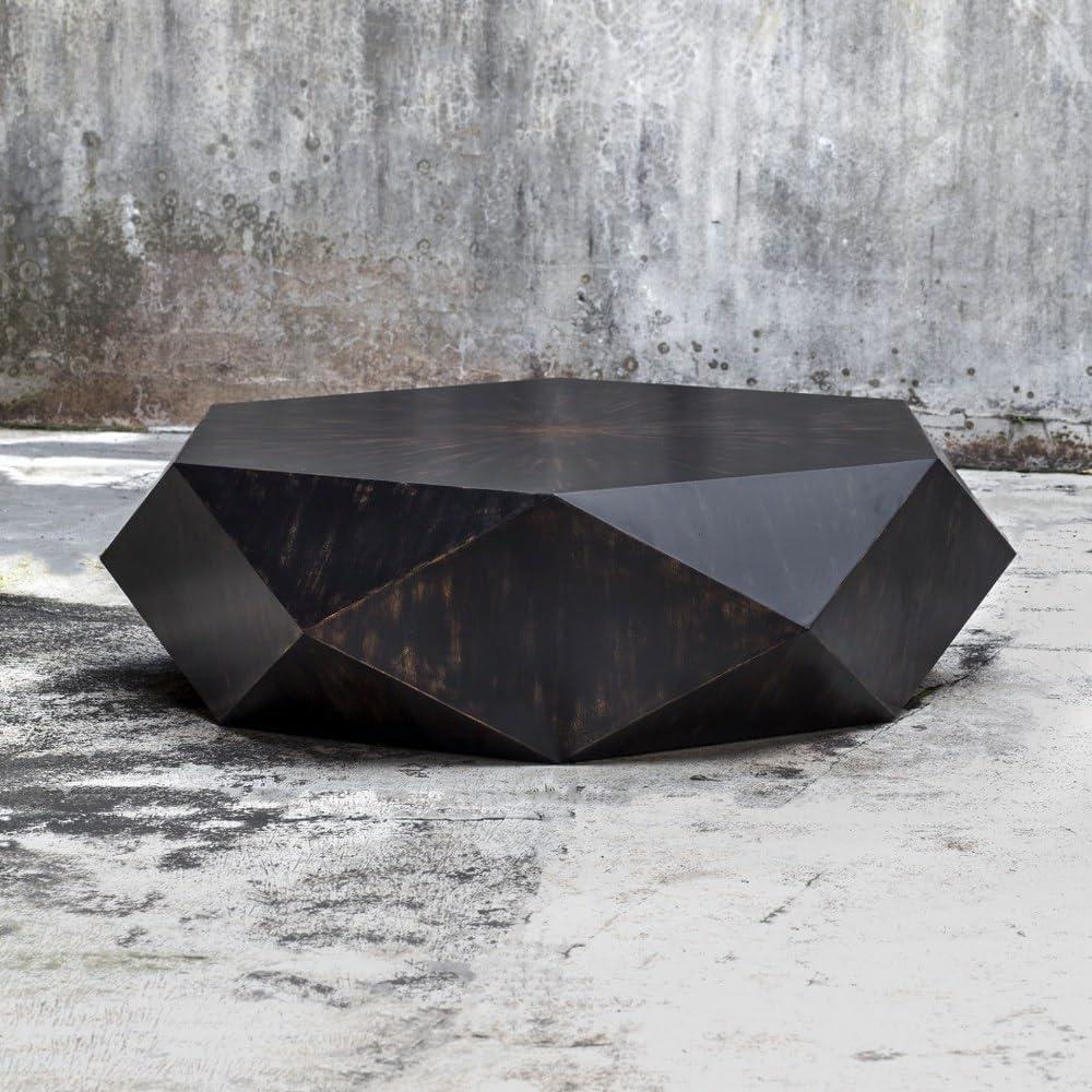 Geometric Worn Black Mango Wood Round Coffee Table