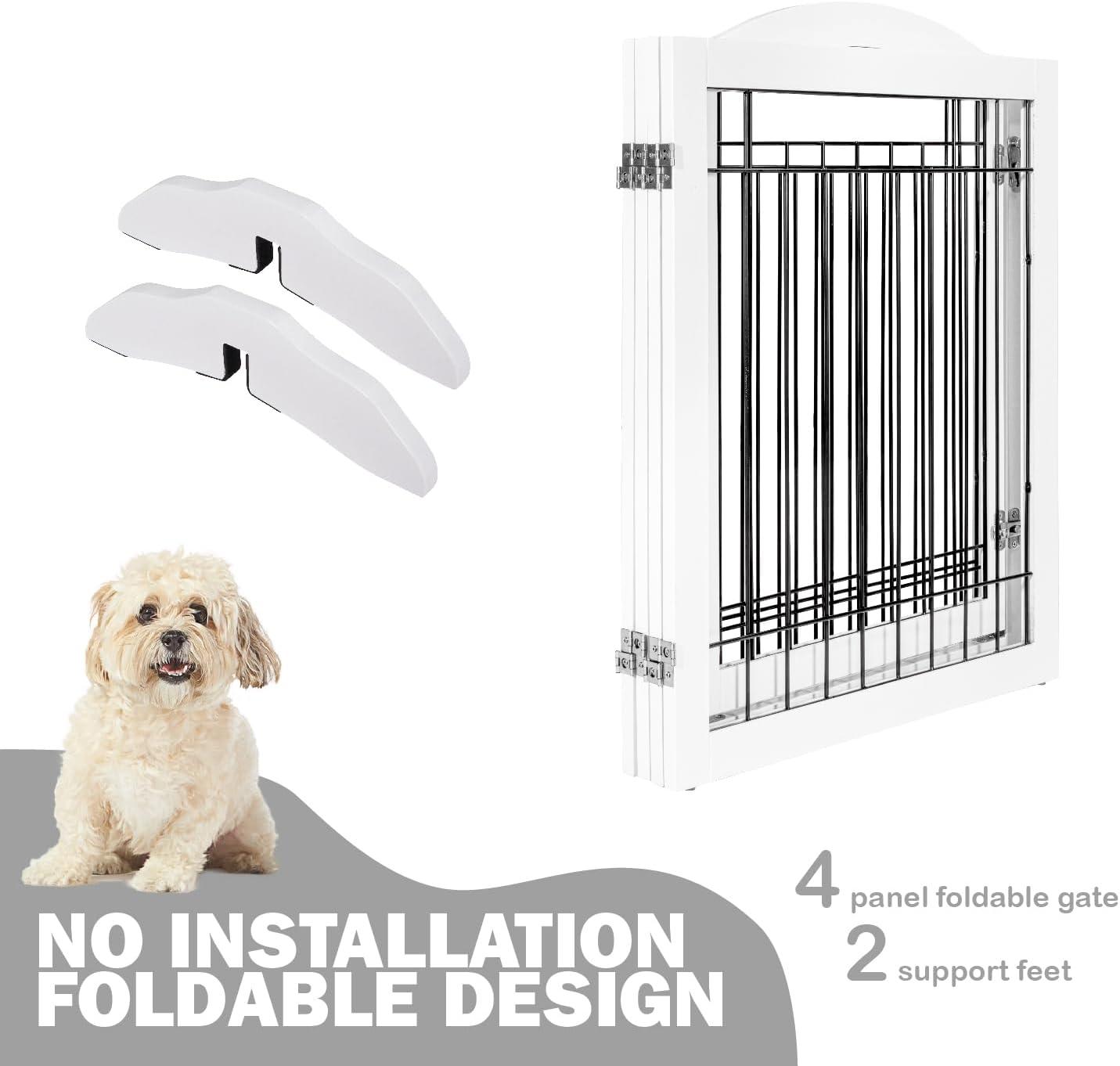 White Freestanding Solid Wood and Metal Pet Gate with Door