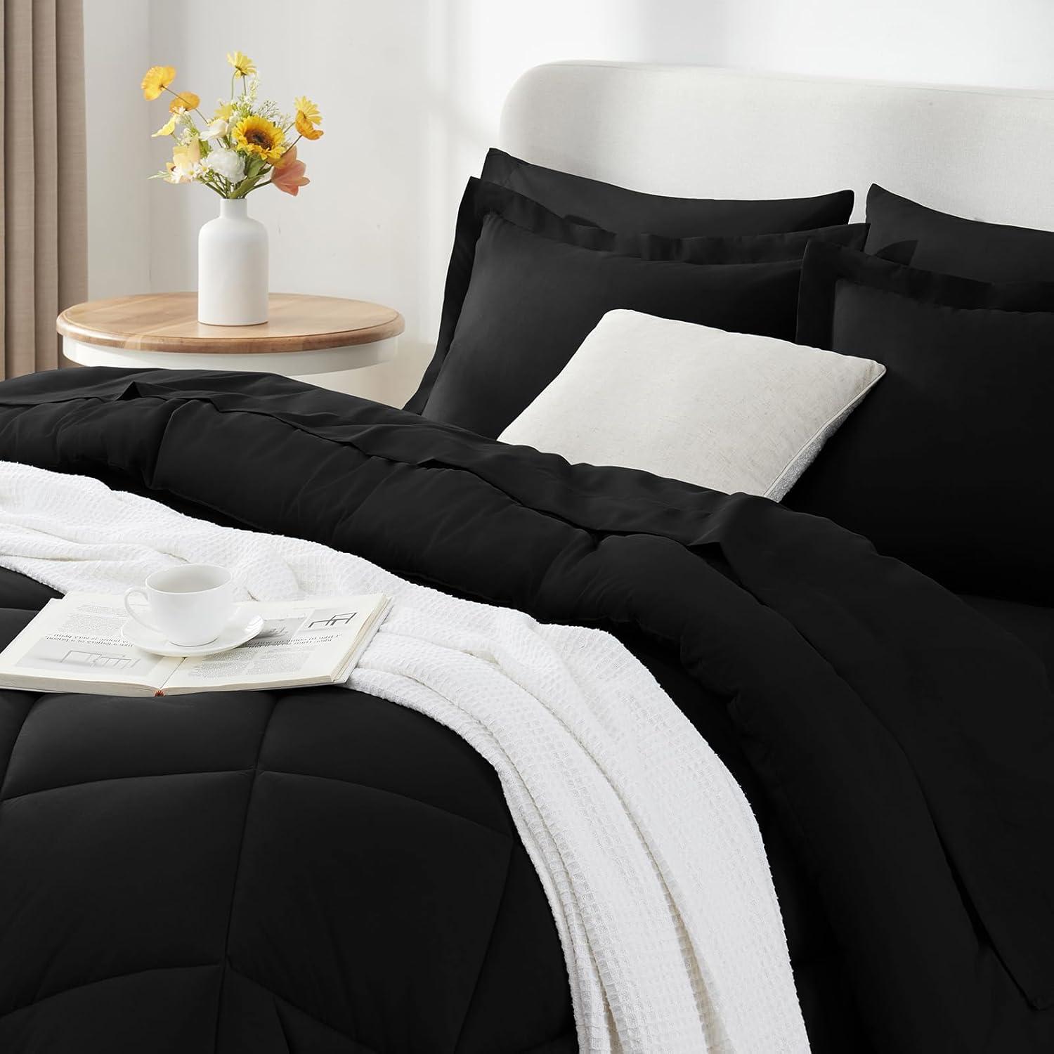 Litanika Black King Size Comforter Set with Sheets - 7 Pieces Bed in a Bag King Beddding Sets, Solid Lightweight Reversible Bed Set with Comforter, Sheets, Pillowcases & Shams