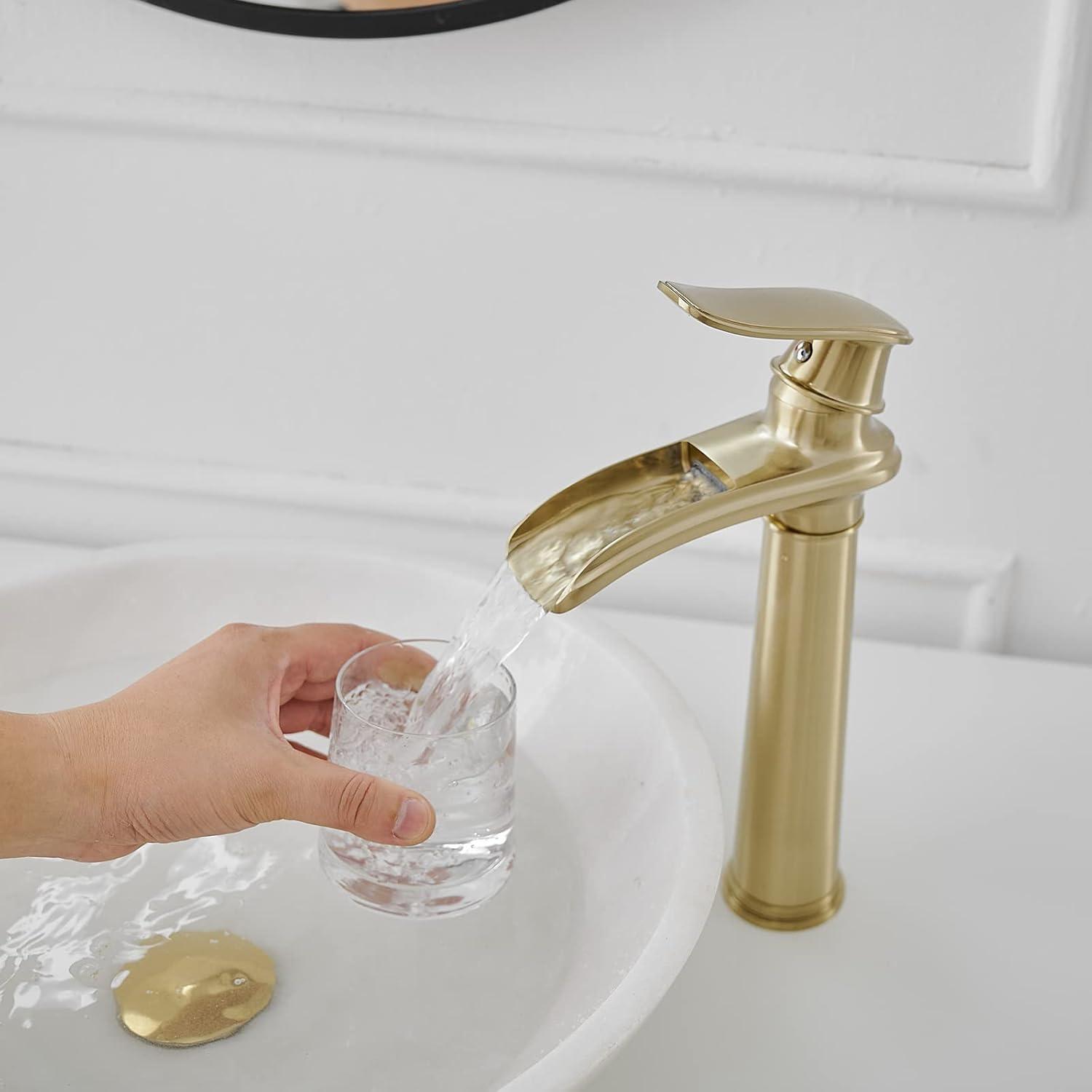 GGStudy Waterfall Single-Handle One Hole Bathroom Vessel Sink Faucet Matching Pop Up Drain Brushed Gold Farmhouse Bathroom Vanity Faucet