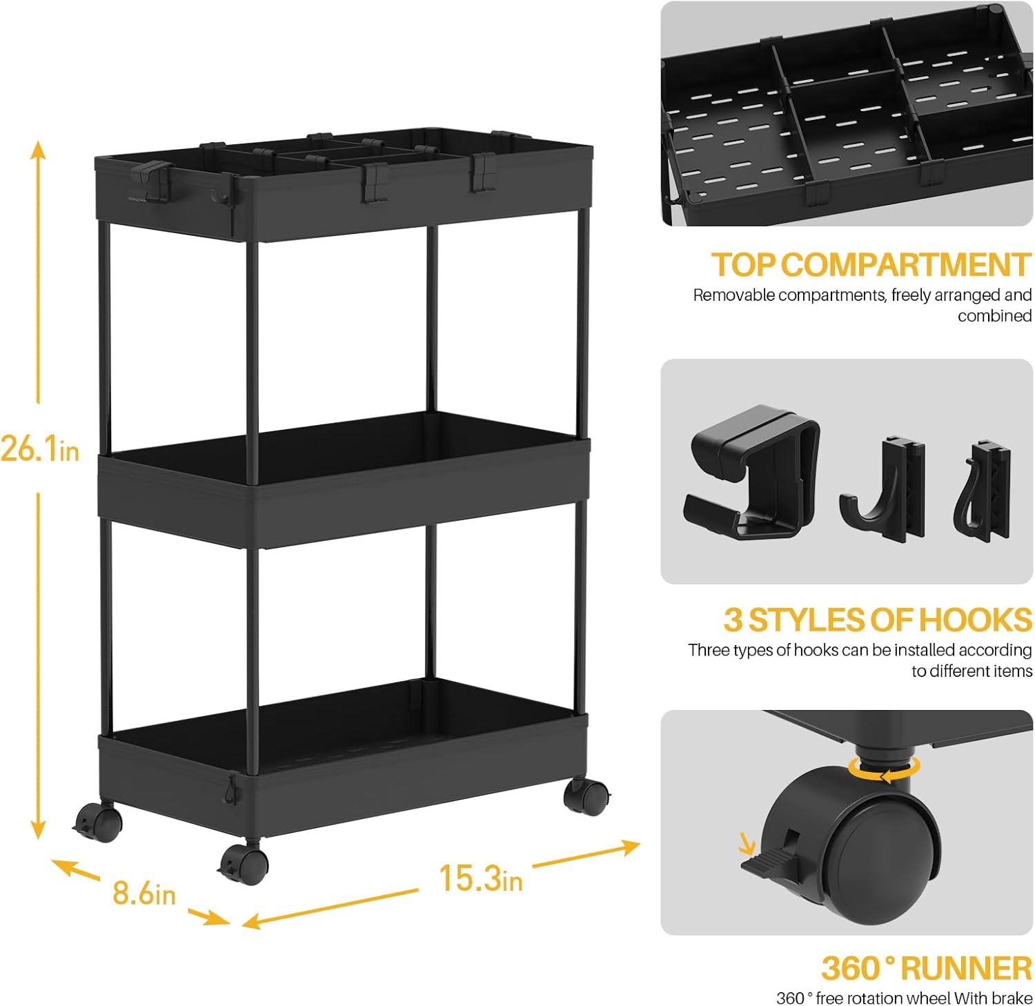 Black 3-Tier Rolling Plastic Storage Cart with Wheels