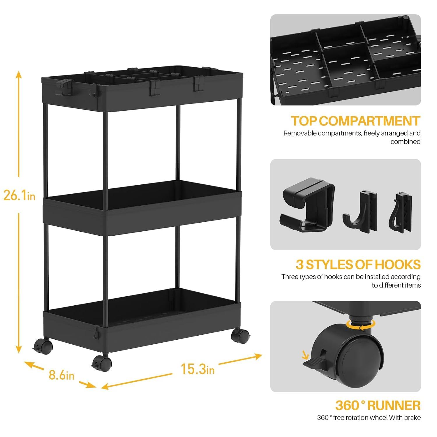 Black 3-Tier Rolling Plastic Storage Cart with Wheels