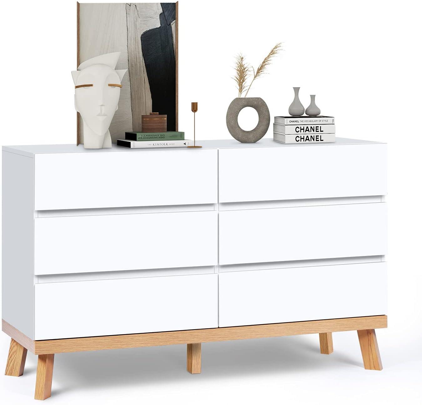 YIGOBUY White Dresser for Bedroom 6 Drawer Double Dresser Chest of Drawers Large Storage Cabinet Wooden Dresser for Bedroom, Living Room, Hallway (White)