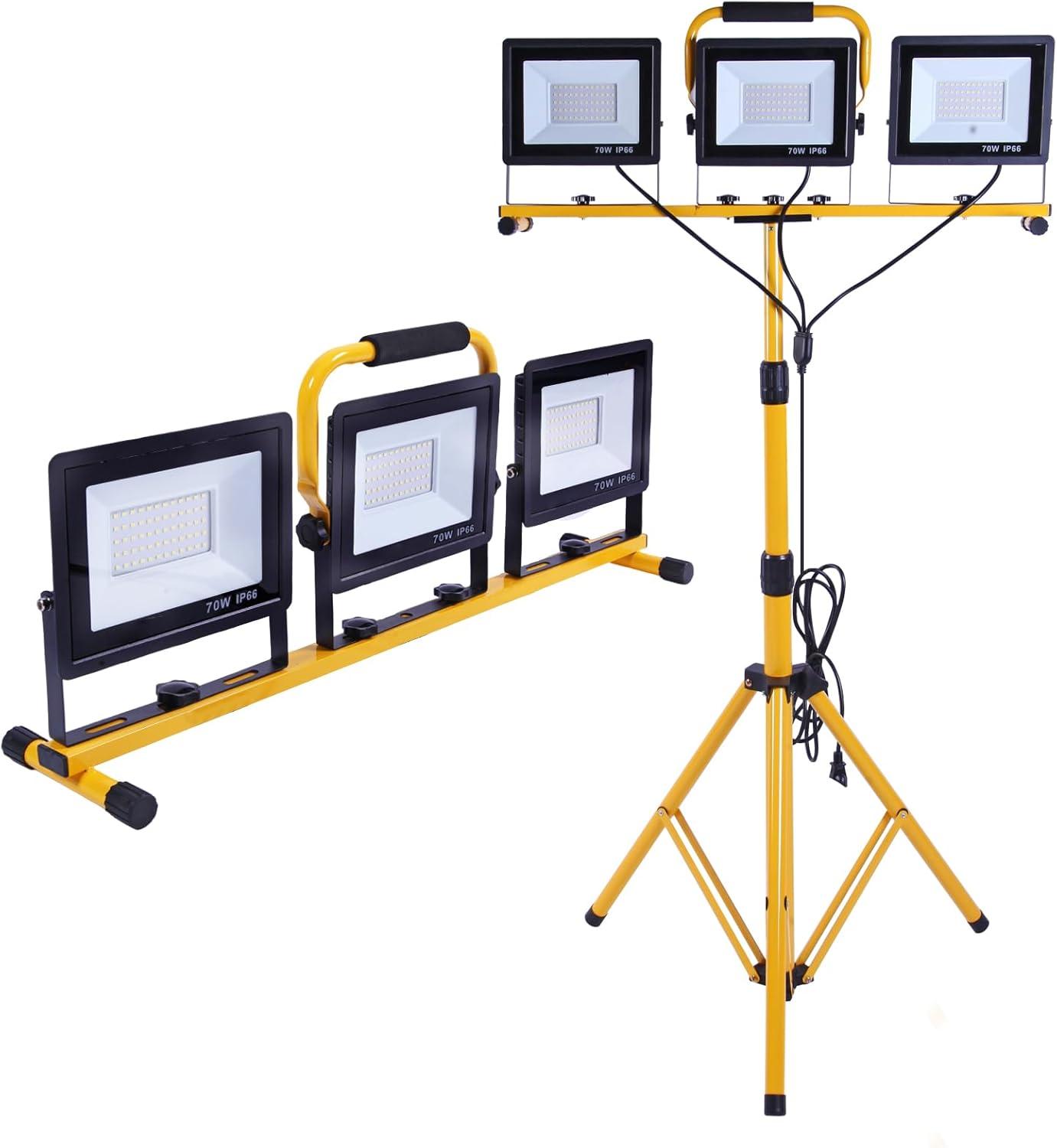 21000 Lumen Work Lights with Stand，3 Adjustable Head LED Work Light, with Adjustable and Foldable Tripod Stand, Waterproof Lamp with Individual Switch with 6500 Kelvin Color Temperature