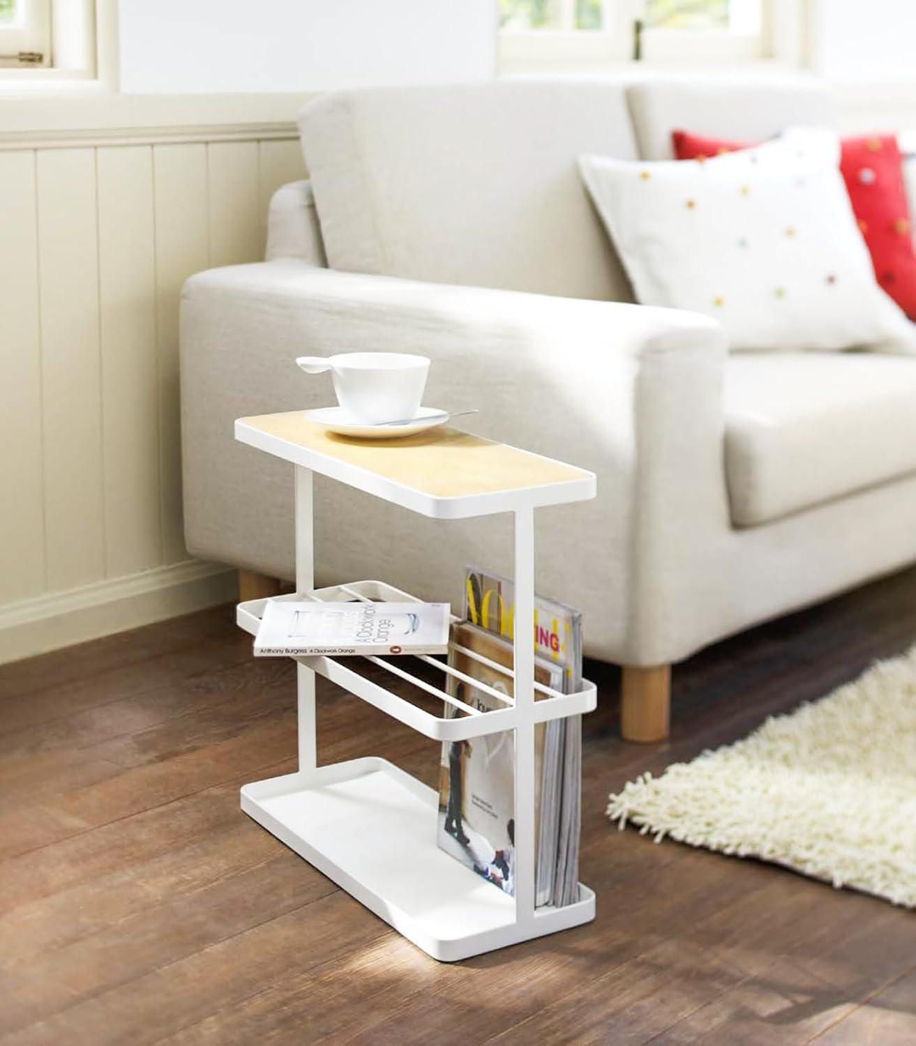 Tower Yamazaki Home Side Table With Storage Tier Shelves Narrow, Narrow Wooden And Metal End Table