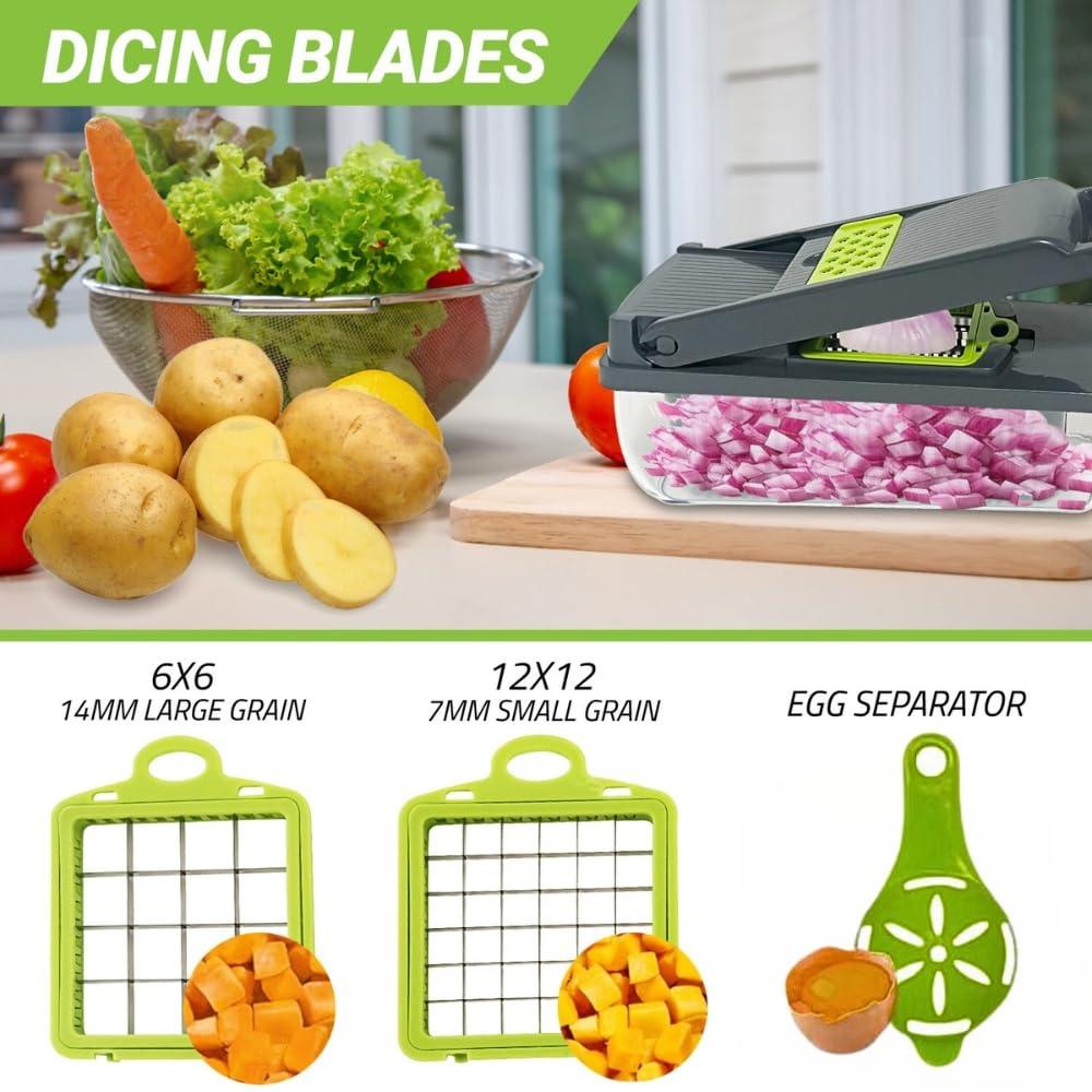 16-in-1 Vegetable Chopper | Fruit Chopper | Onion Chopper | Food Chopper | Salad Chopper with 7 Stainless Steel Blades | Hand Guard | Cleaning Brush and Peeler with Storage Container
