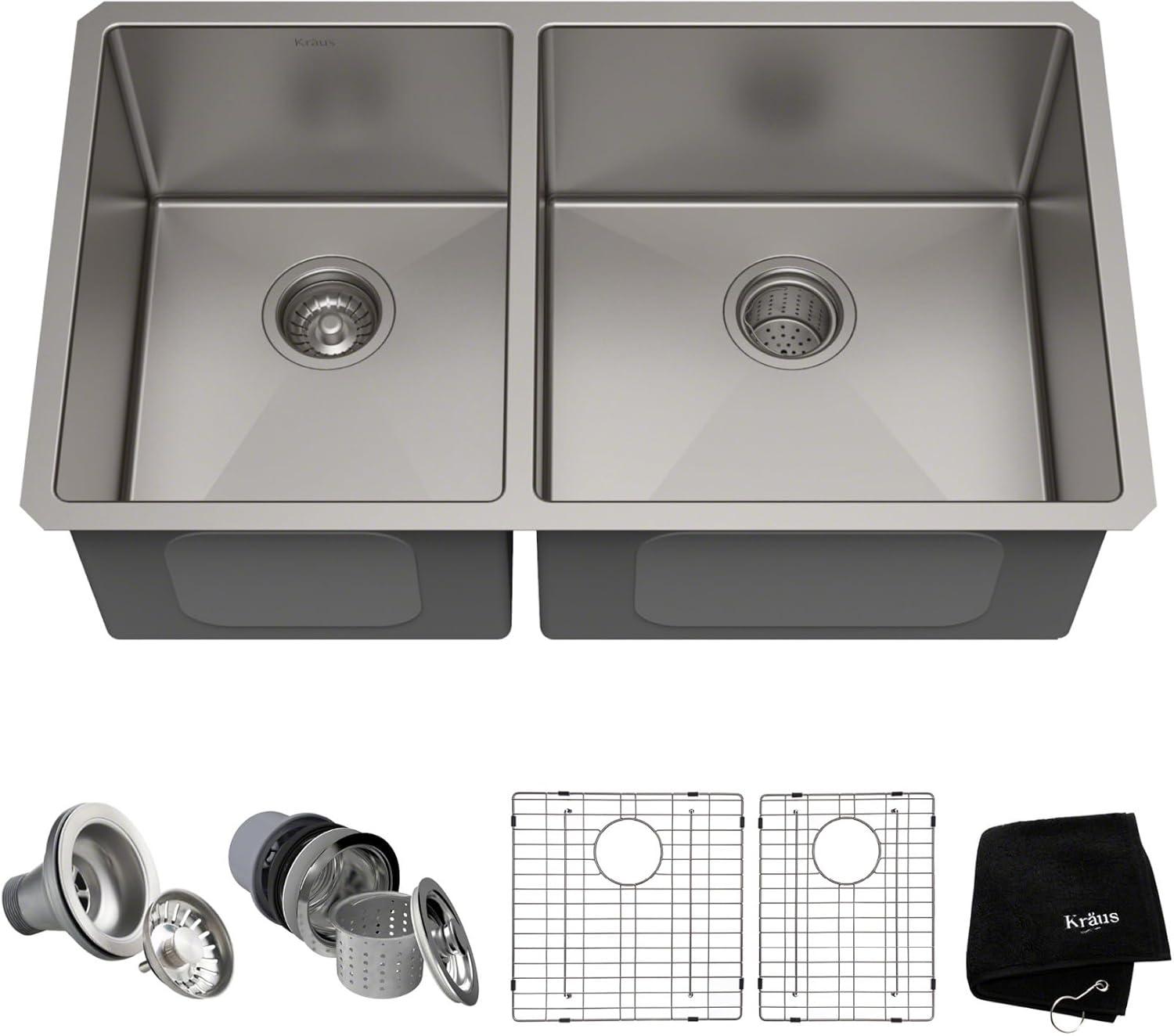 Kraus 33'' Satin Stainless Steel Double Bowl Undermount Kitchen Sink