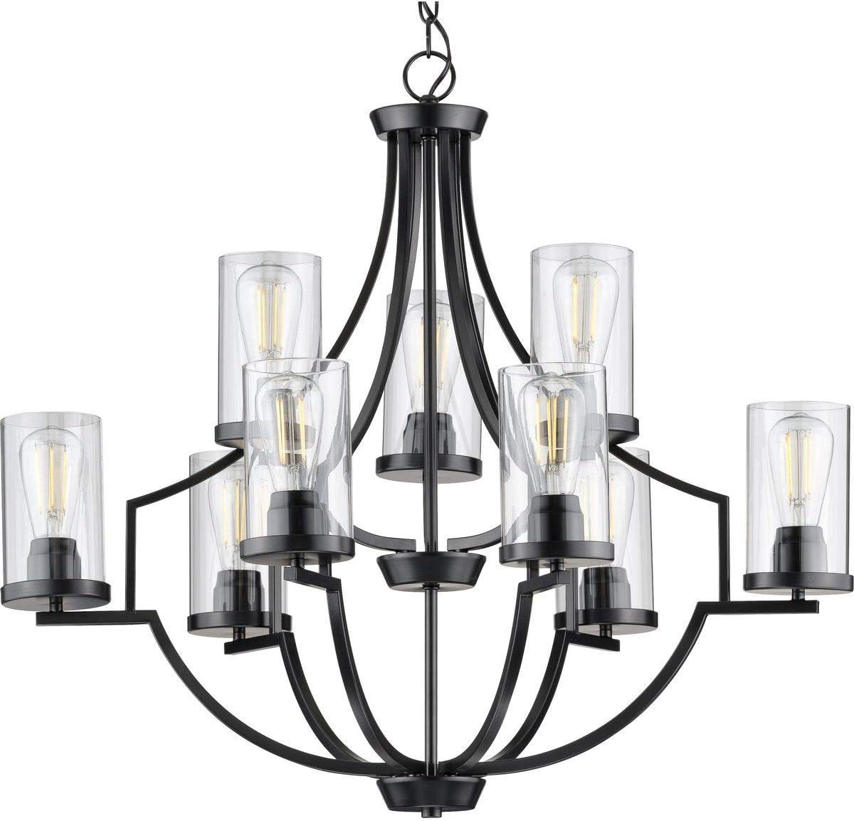 Progress Lighting, Lassiter Collection, 9-Light Chandelier, Matte Black, Clear Glass Shades