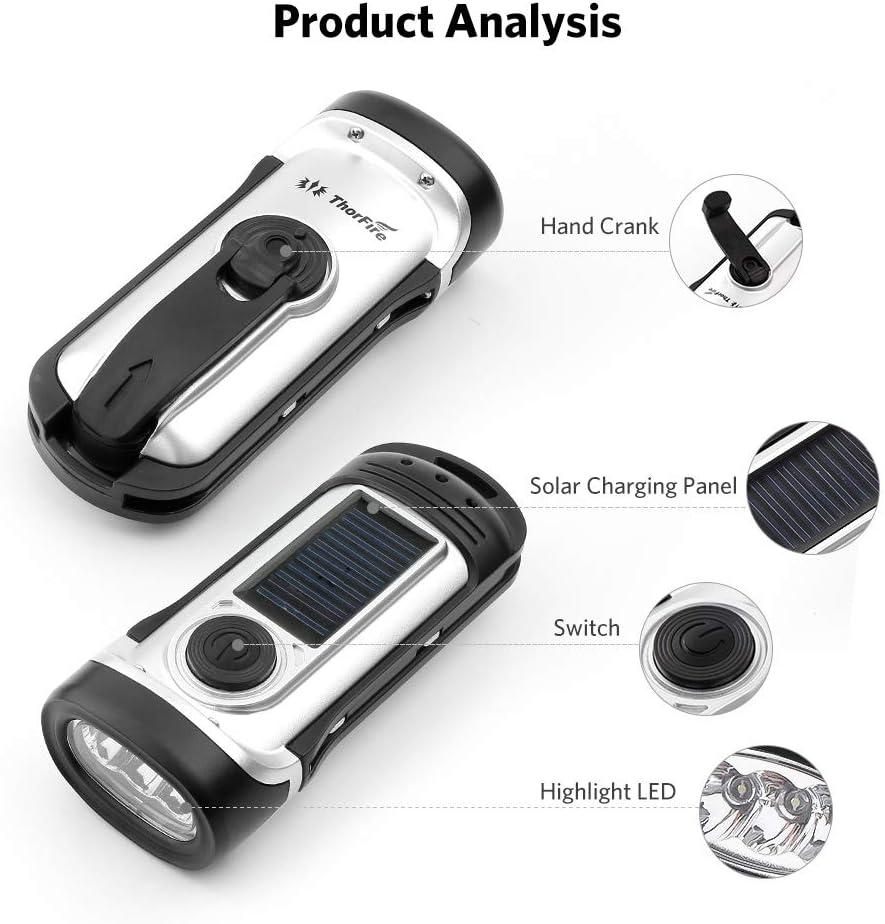 ThorFire Solar Flashlight Hand Crank Solar Powered Rechargeable Flashlight IPX6 Waterproof LED Emergency Lights Dynamo Torch Ideal for Camping Outdoor Climbing Backpack Hiking