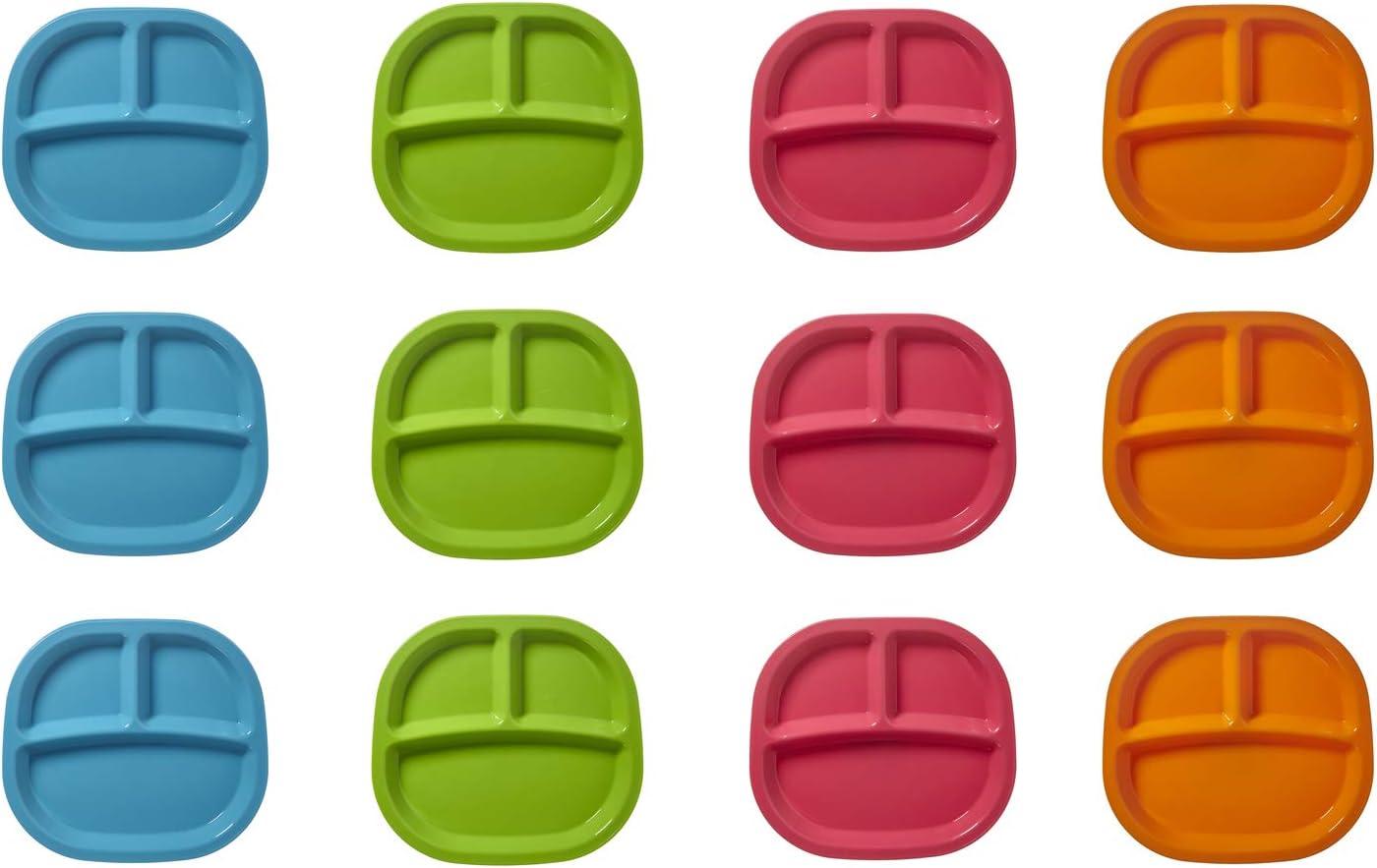 US Acrylic Harmony 3-compartment Divided Plastic Kids Tray in 4 Calypso Colors | set of 12 Reusable, BPA-free Plates, Made in the USA, Microwave & Dishwasher Safe Dinnerware