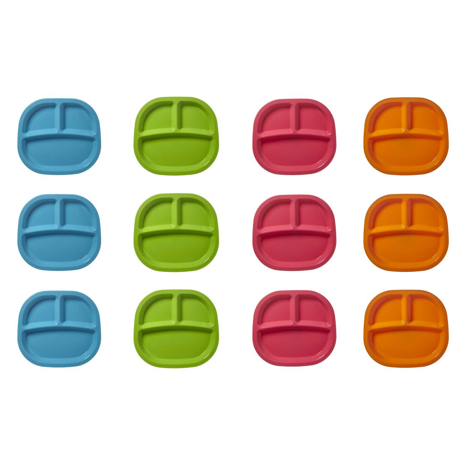 US Acrylic Harmony 3-compartment Divided Plastic Kids Tray in 4 Calypso Colors | set of 12 Reusable, BPA-free Plates, Made in the USA, Microwave & Dishwasher Safe Dinnerware