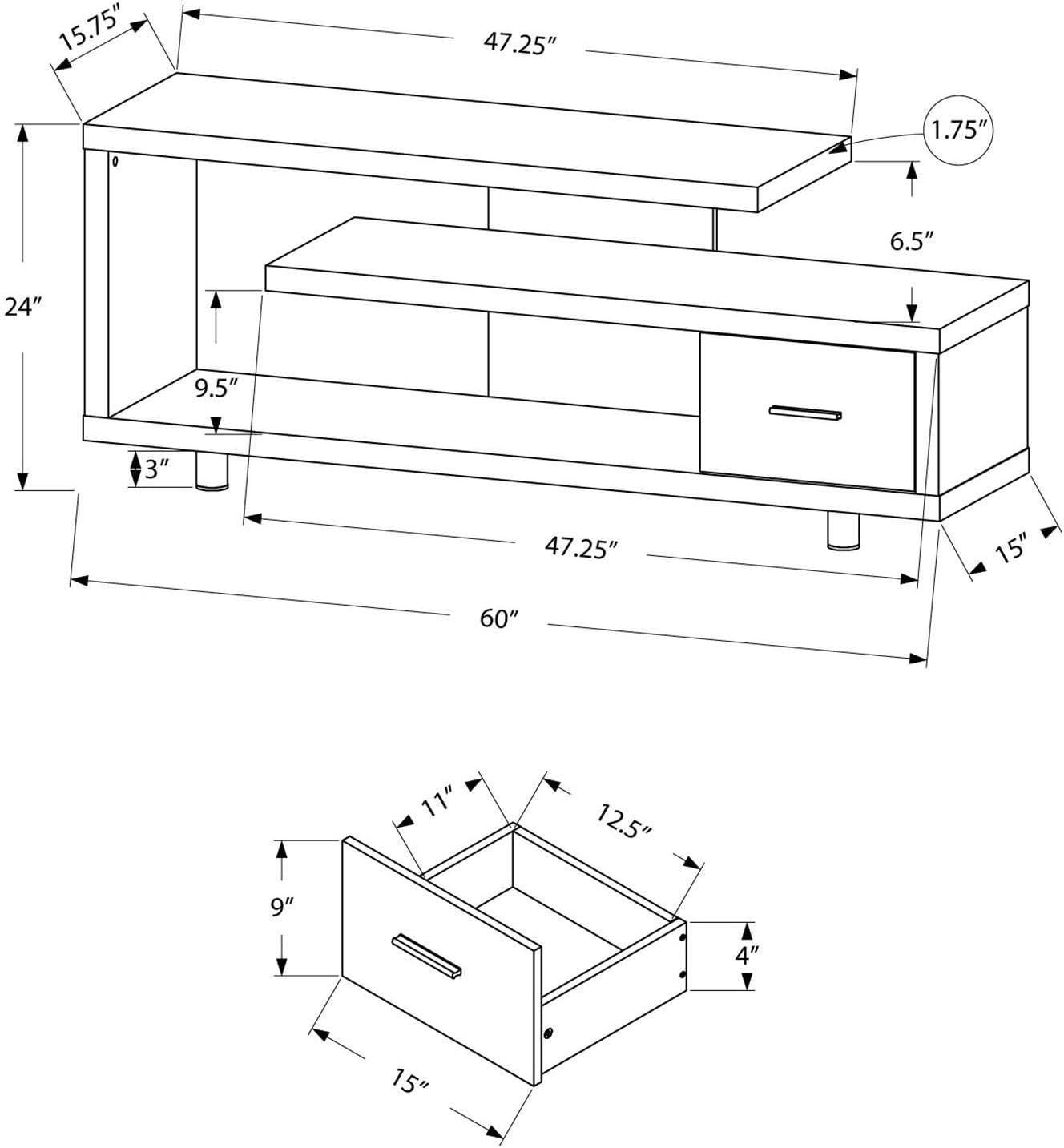 Monarch Specialties 60" Modern Art Deco Entertainment TV Stand w/ Drawer, White