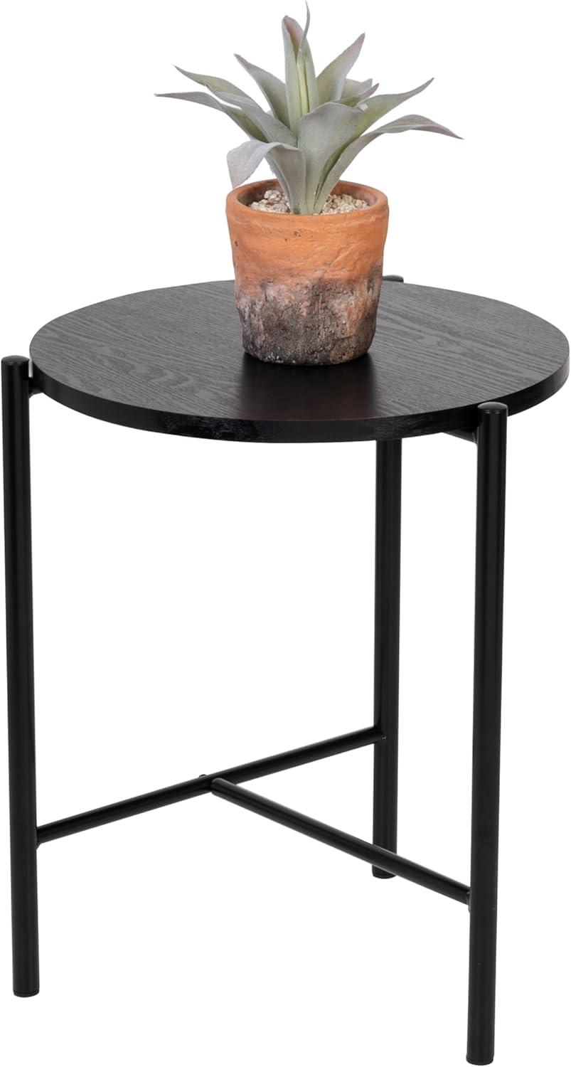 Sleek Matte Black Metal and Wood Round Side Table