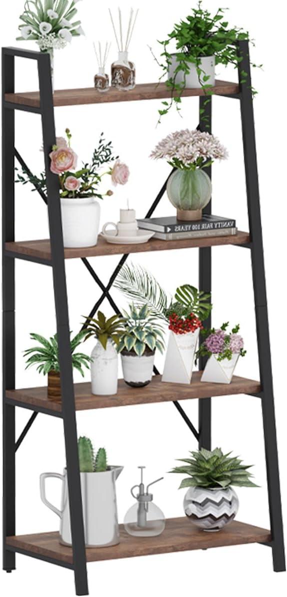 BON AUGURE Industrial Ladder Shelf Bookcase, 4 Tier Rustic Ladder Bookshelf, Standing Leaning Book Shelves for Living Room (Rustic Oak)