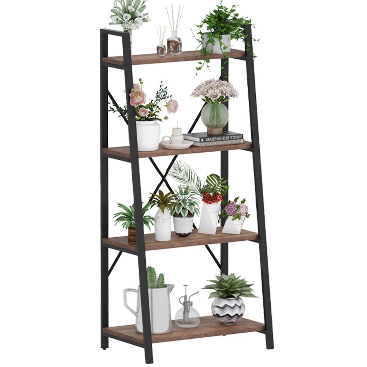BON AUGURE Industrial Ladder Shelf Bookcase, 4 Tier Rustic Ladder Bookshelf, Standing Leaning Book Shelves for Living Room (Rustic Oak)