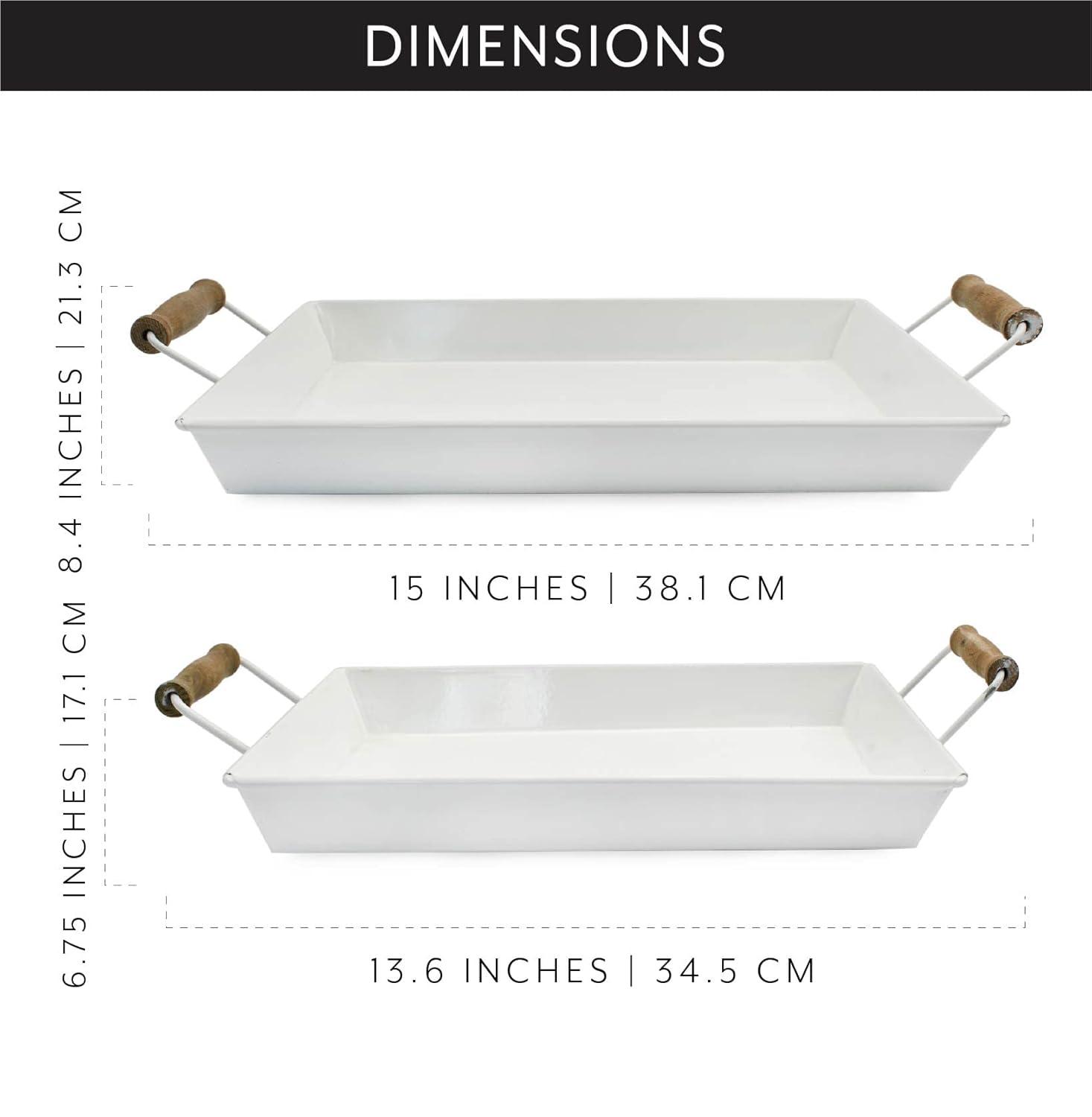 AuldHome Design  Rustic White Enamelware Trays, Small & Medium 2pc Set; Farmhouse Decor Trays w/ Handles