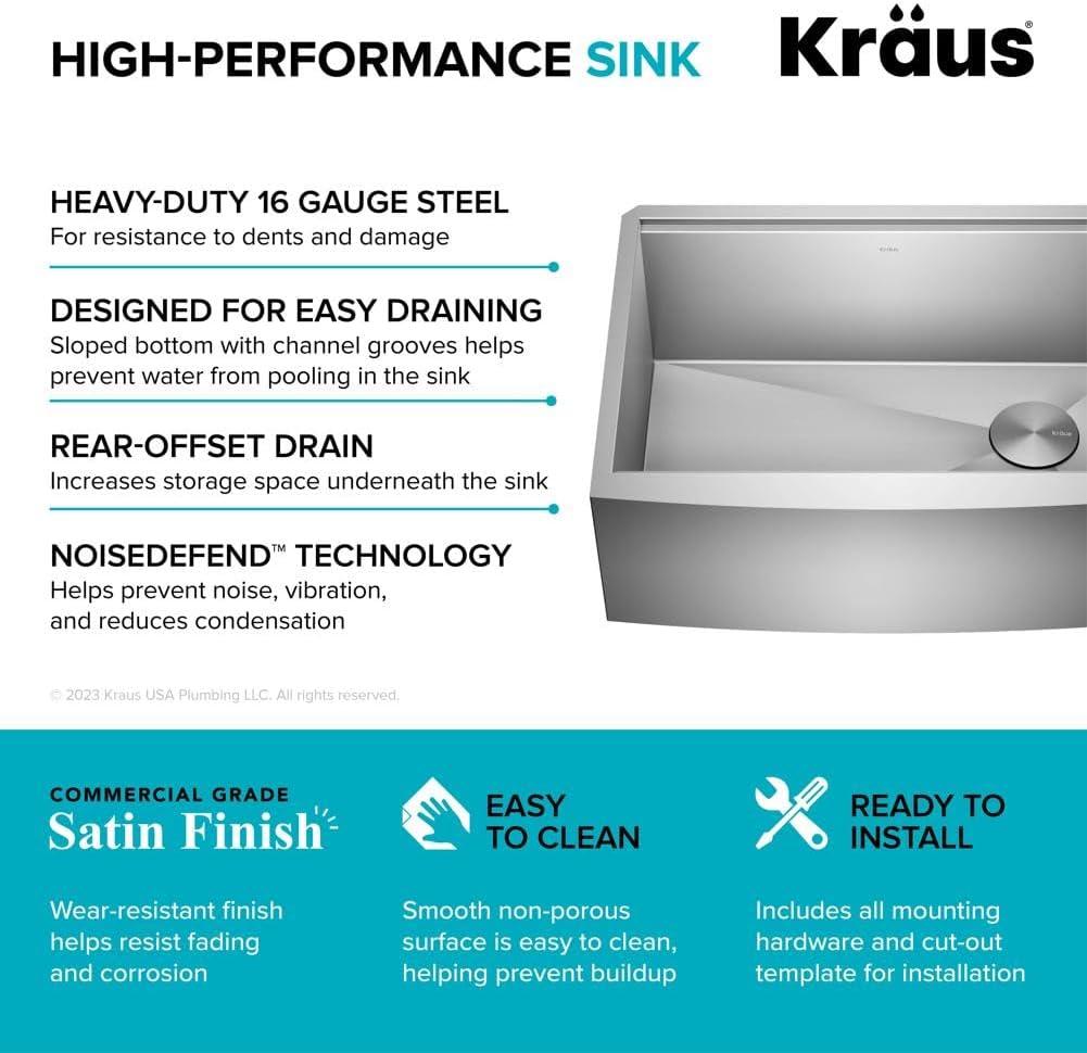 KRAUS Kore™ 27" L Farmhouse Apron Front Workstation 16 Gauge Stainless Steel Single Bowl Kitchen Sink with Accessories