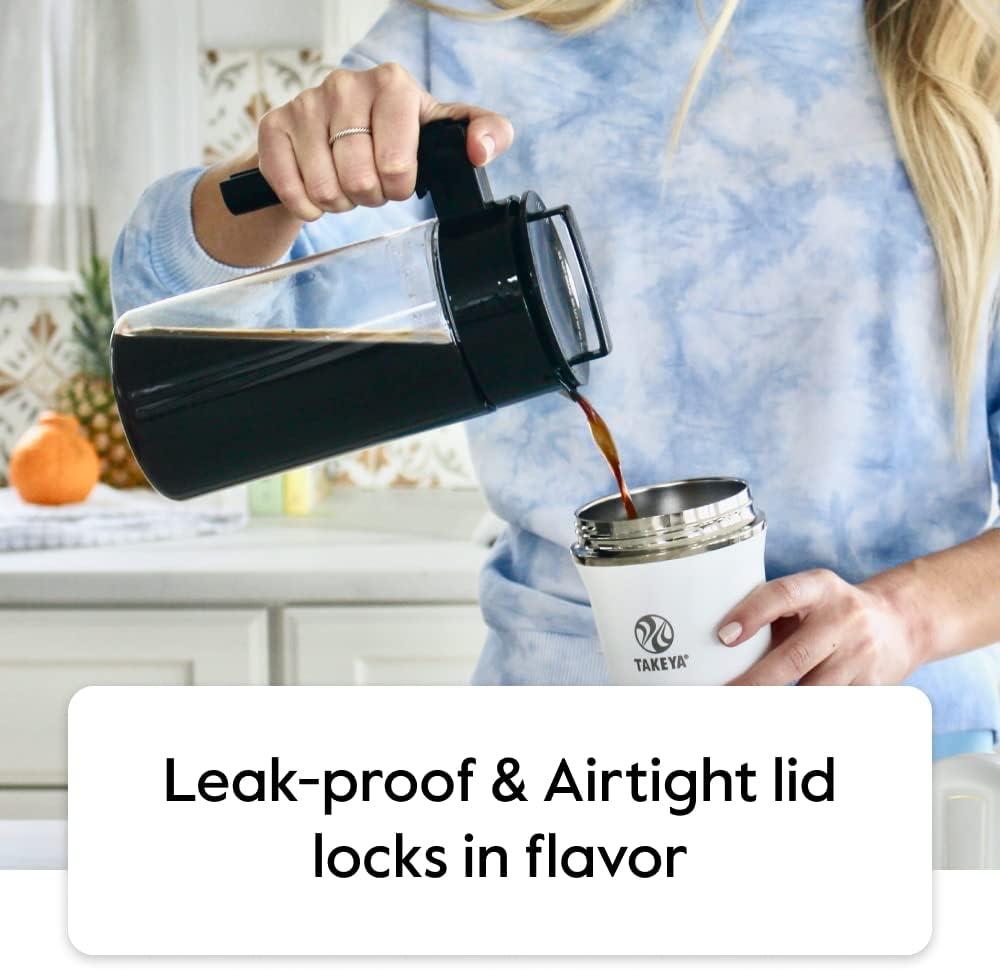 Takeya Patented Deluxe Cold Brew Coffee Maker with White Lid Airtight Pitcher, 1 Quart, White