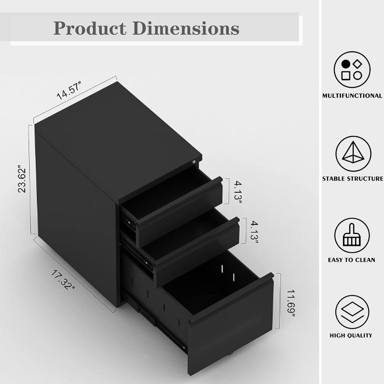 Gewnee Mobile Office File Cabinet with Lock, Under Desk Metal Movable Filing Cabinet With 3 Drawers For Home and Office,Black