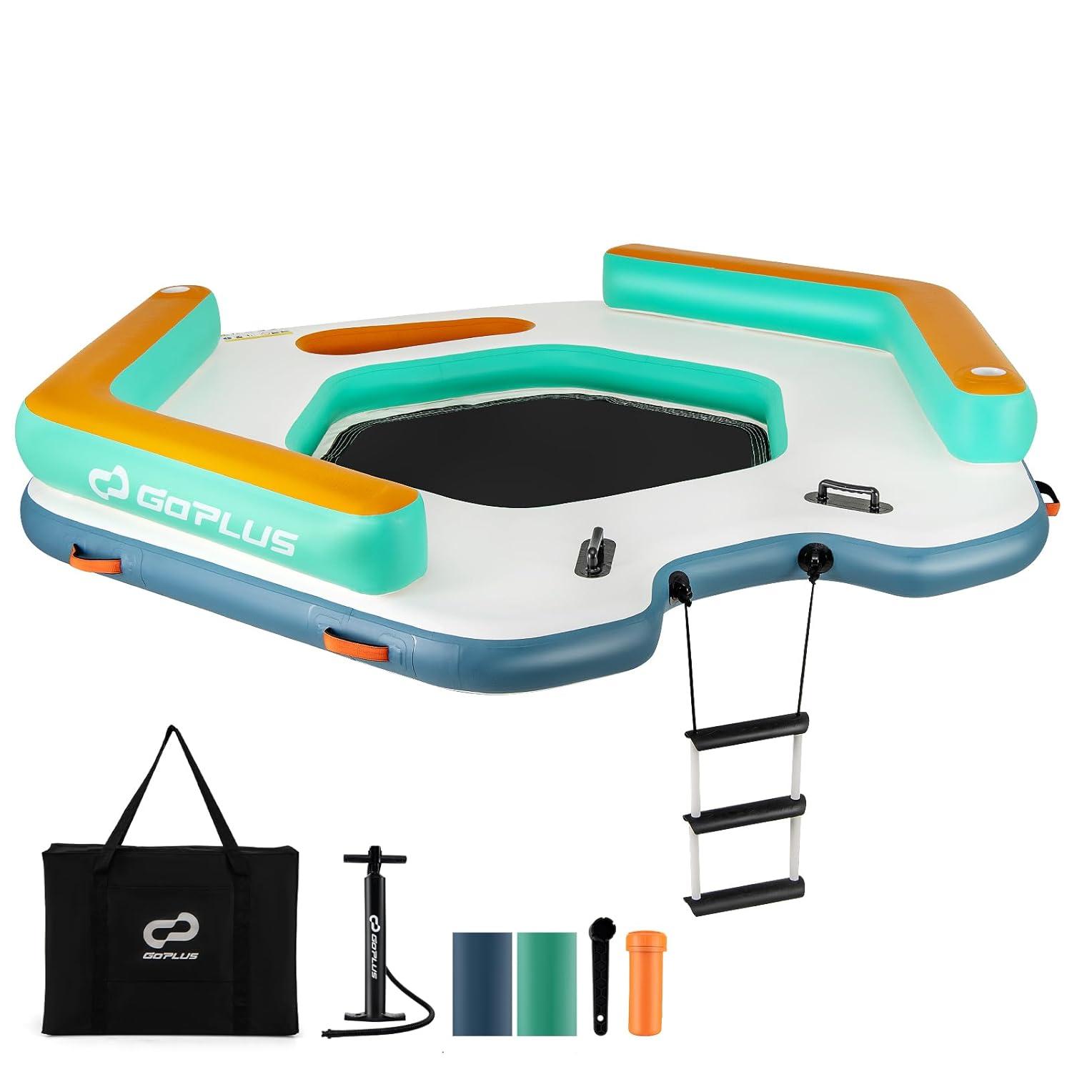 Goplus 8.7 ft Inflatable Floating Dock with Detachable Ladder Mesh Swim Lounge Beach