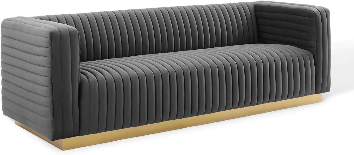 Charcoal Velvet Tufted Sofa with Gold Base