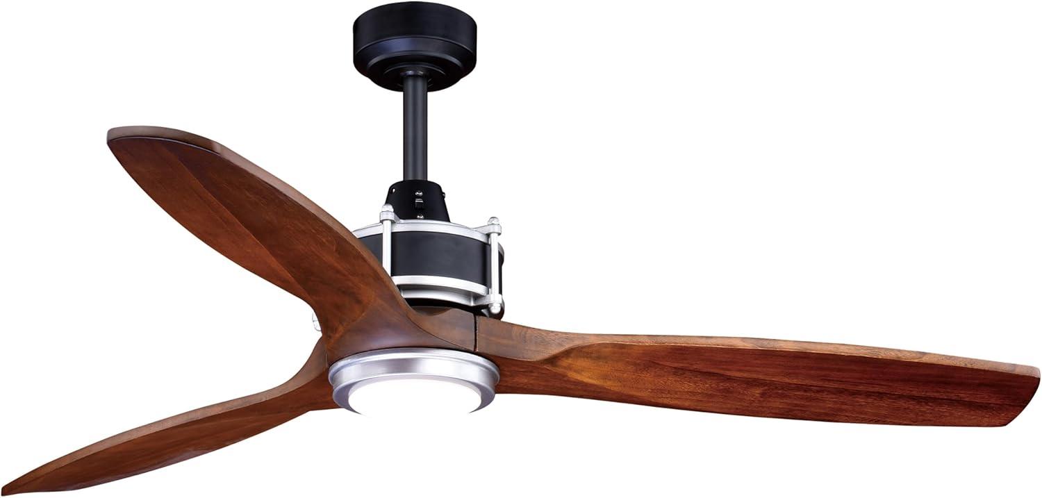 VAXCEL Curtiss 52-in. Contemporary Indoor Outdoor Propeller Ceiling Fan with Wood Blades, LED Light Kit and Remote, Matte Black and Brushed Silver