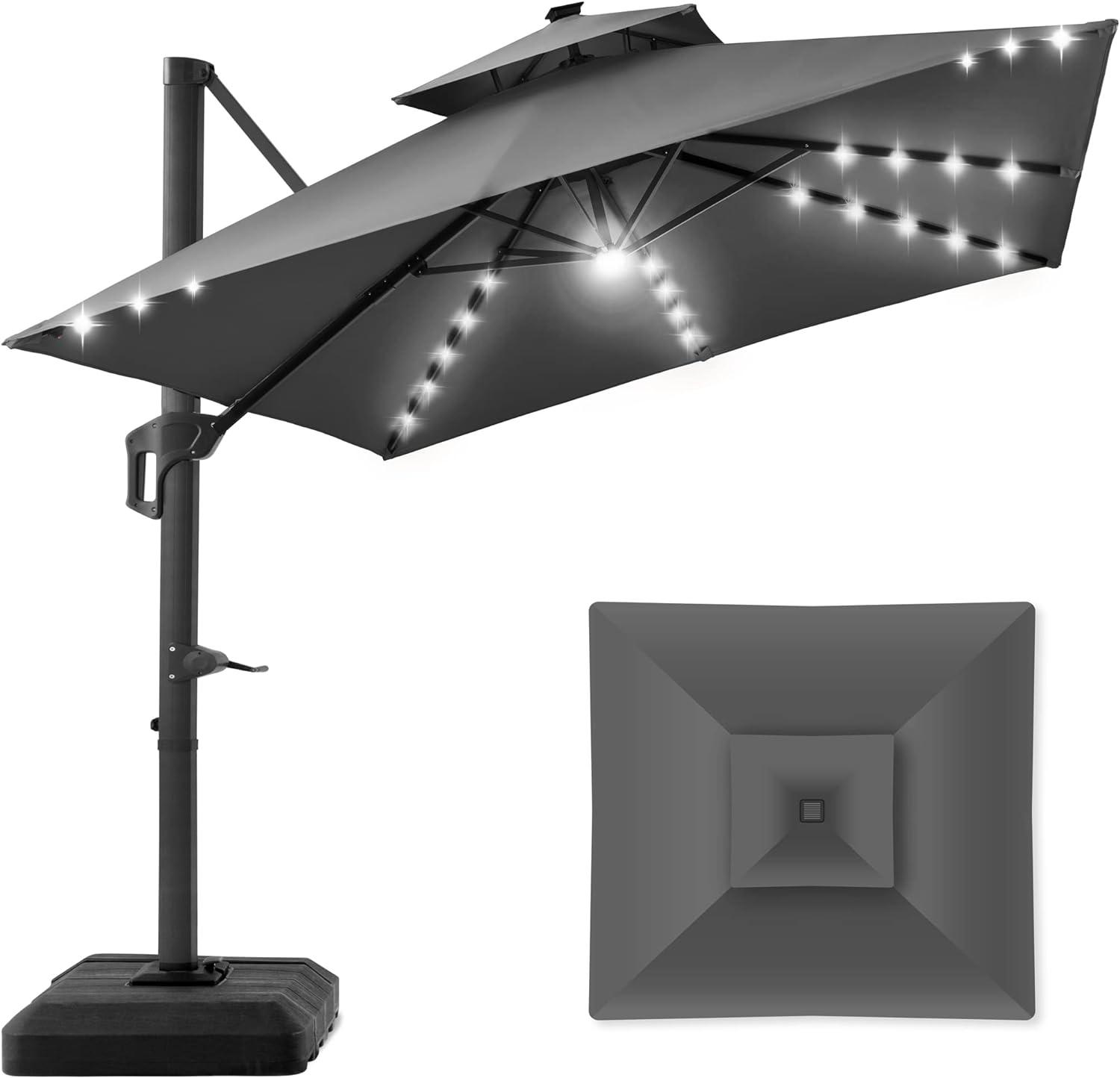 Best Choice Products 10x10ft 2-Tier Square Outdoor Solar LED Cantilever Patio Umbrella w/ Base Included - Gray