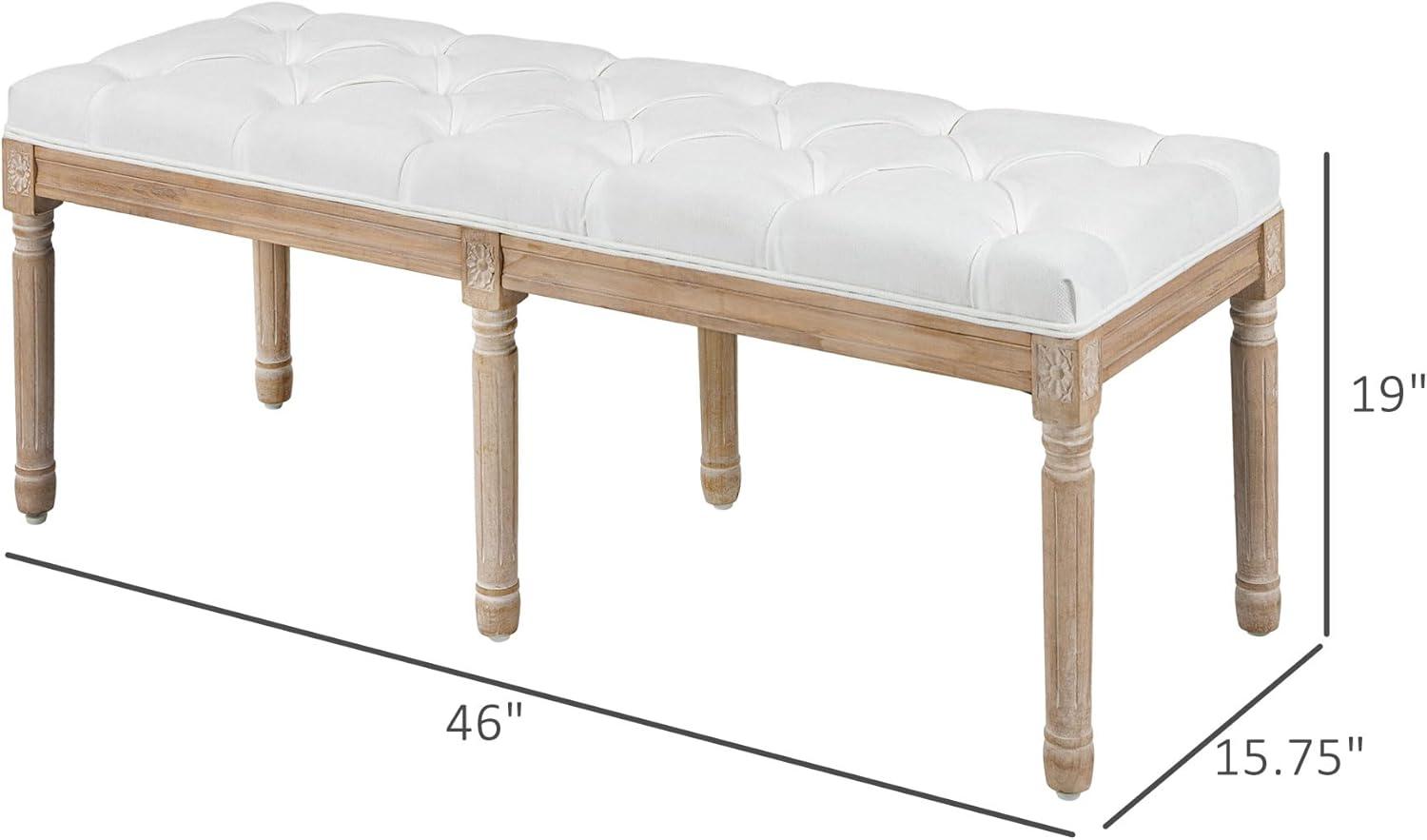 HOMCOM French Vintage Style End of Bed Bench, Linen Upholstered Bench with Thick Padded Seat and Wood Legs, Tufted Bedroom Bench, Cream White