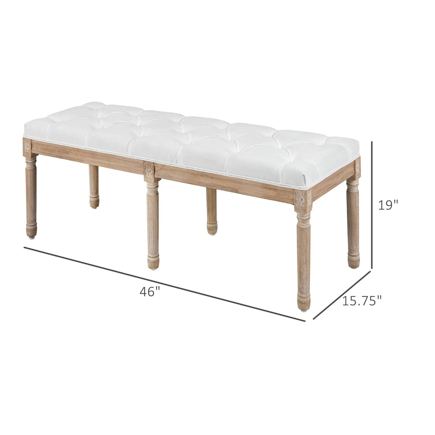 HOMCOM French Vintage Style End of Bed Bench, Linen Upholstered Bench with Thick Padded Seat and Wood Legs, Tufted Bedroom Bench, Cream White