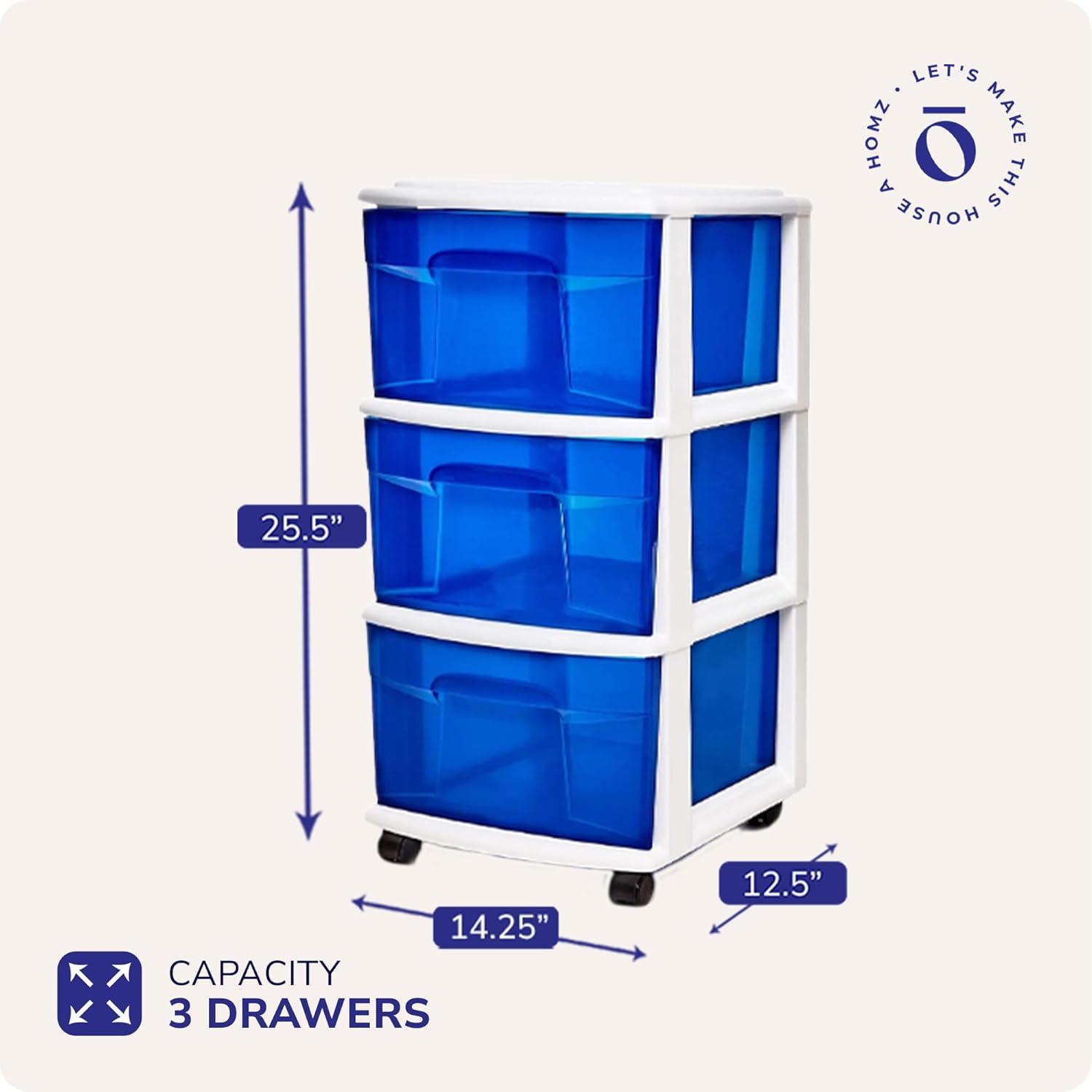 Blue and White Plastic 3-Drawer Storage Tower with Casters