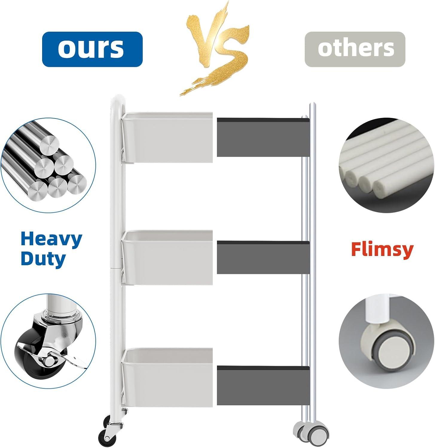 The three-tier metal utility cart is designed for convenient and efficient storage and transportation of various items.