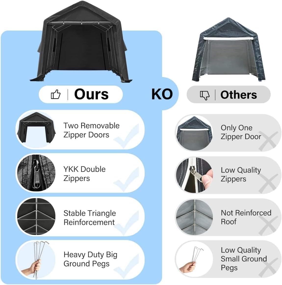 ADVANCE OUTDOOR 10x15 ft Outdoor Storage Shelter Shed with 2 Roll up Zipper Doors & Vents Peak Roof Carport for Motorcycle Waterproof and UV Resistant Anti-Snow, Gray