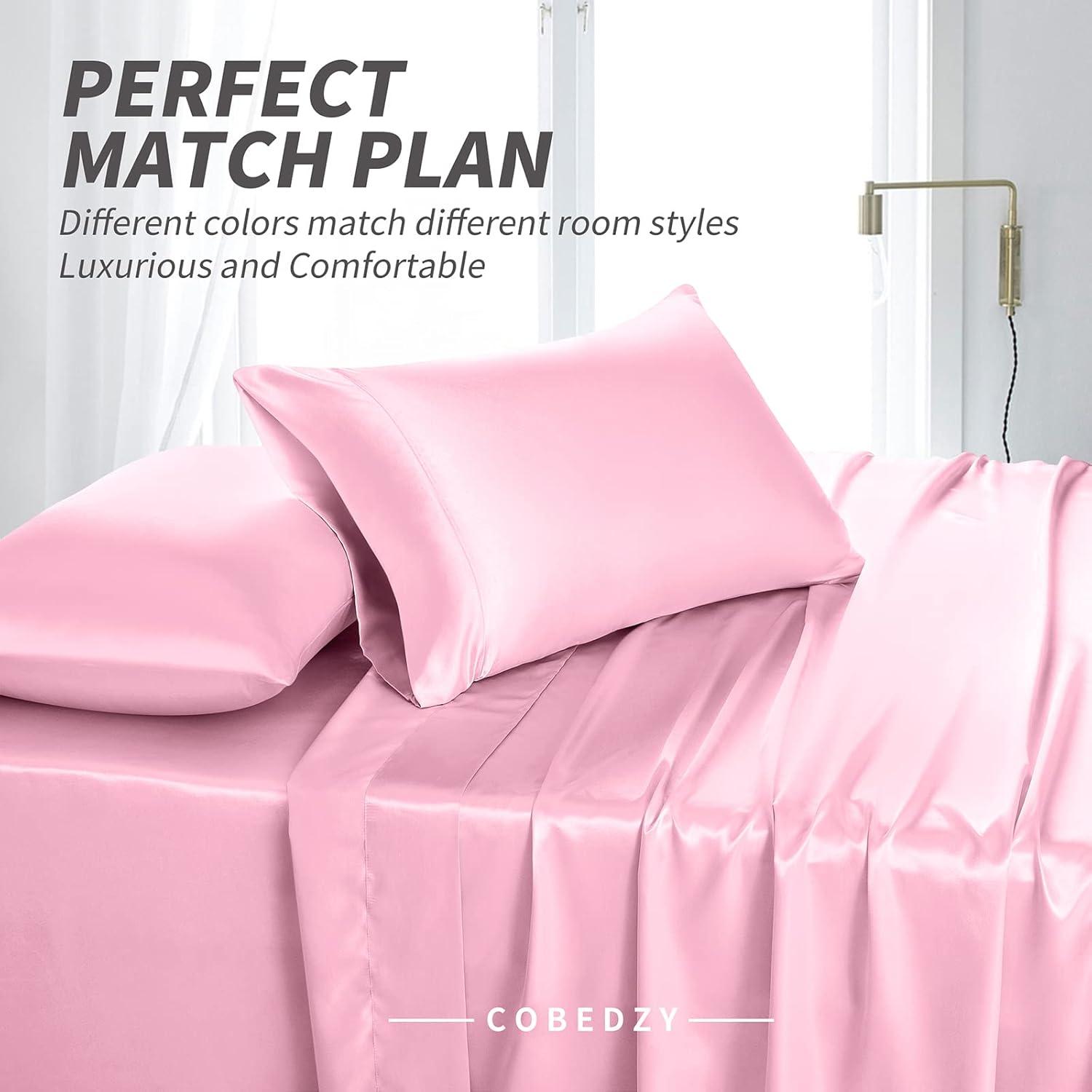 ANMINY Satin Sheets Twin Silk Sheets Bean Paste Color Bed Sheet Set Deep Pocket Bed Flat Fitted Sheet, 3-Pieces