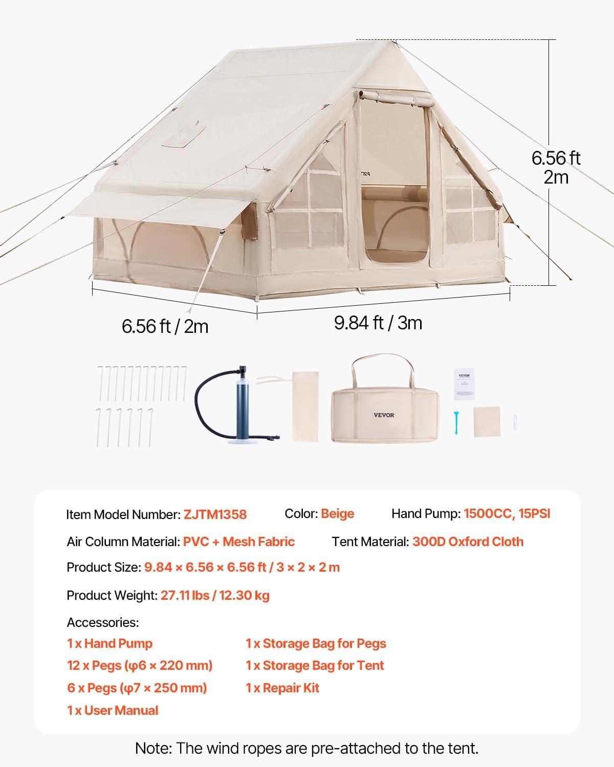 VEVOR Inflatable Tents for Camping, Easy Setup Blow up Tent with Hand Pump, 4 Season Glamping Tent with Stove Jack, Doors & Mesh Windows, Storage Bag Included for Easy Taking