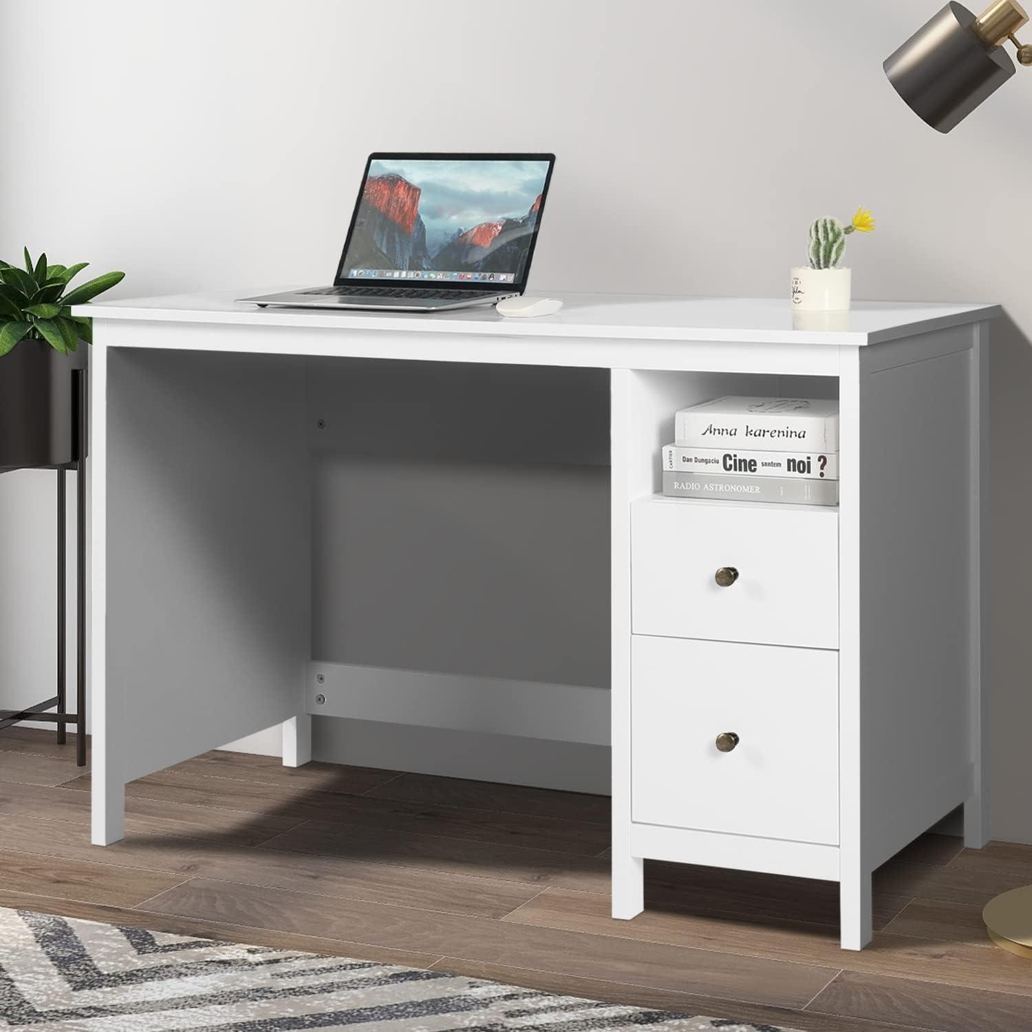 Alieon White Writing Desk with Drawers - 47” Modern Home Office Study Computer Desk with Storage Cabinet & Open Shelf, Simple Vanity Table for Bedroom