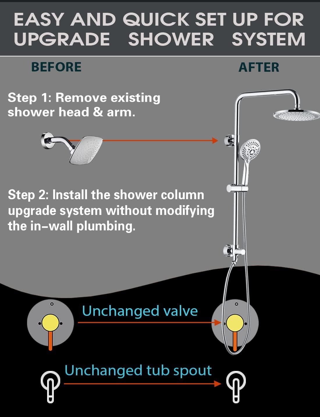 BRIGHT SHOWERS Rain Shower heads system including rain fall shower head and handheld shower head with height adjustable holder , solid brass rail 60 inch long stainless steel shower hose, Chrome