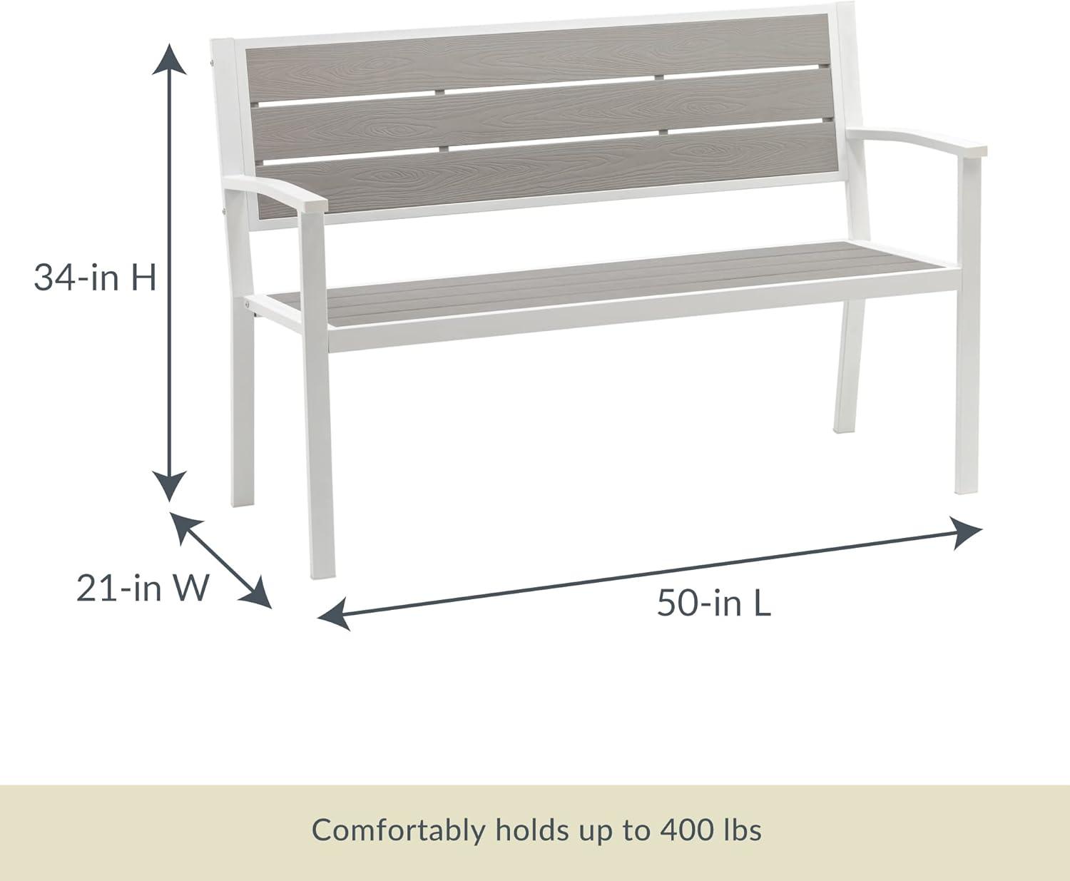 Modern White Stainless Steel 51" Patio Bench with Poly-Resin Slats