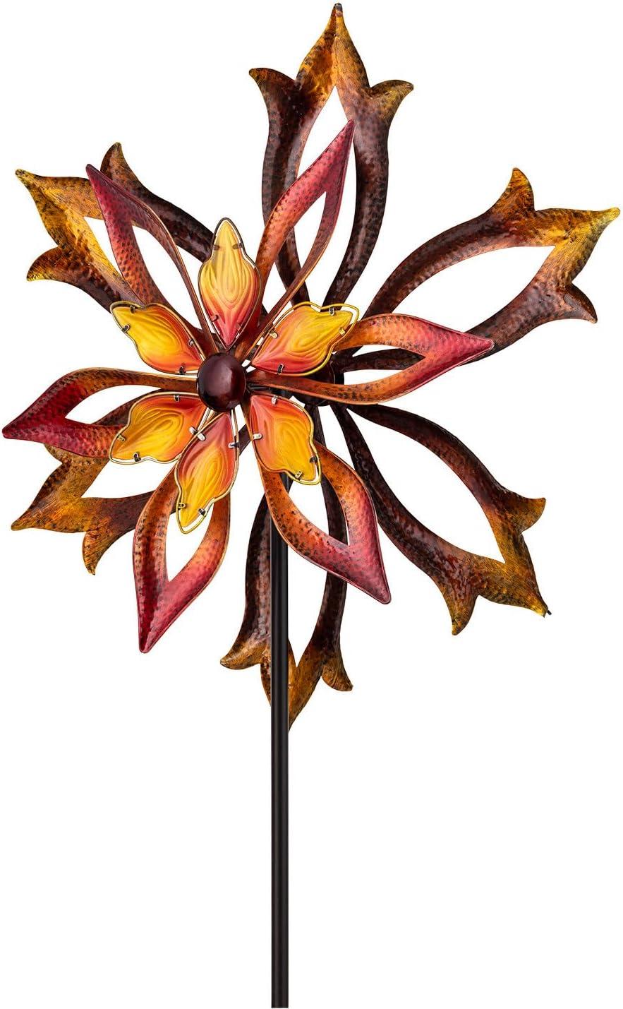 96" Glass/Iron Outdoor Flower Dual Kinetic Spinner Stake Red/Yellow - Alpine Corporation: Yard Art Decor