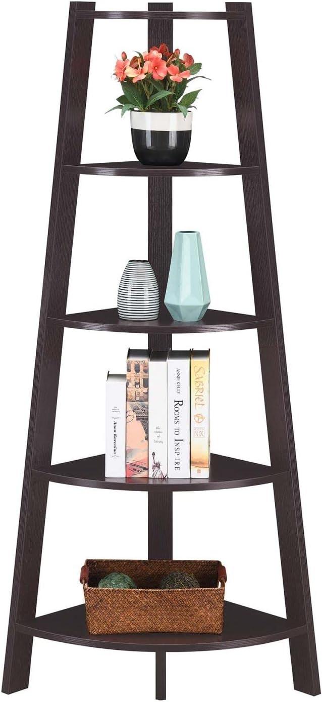 Espresso Wide Corner Wood Bookcase with 5 Tiers