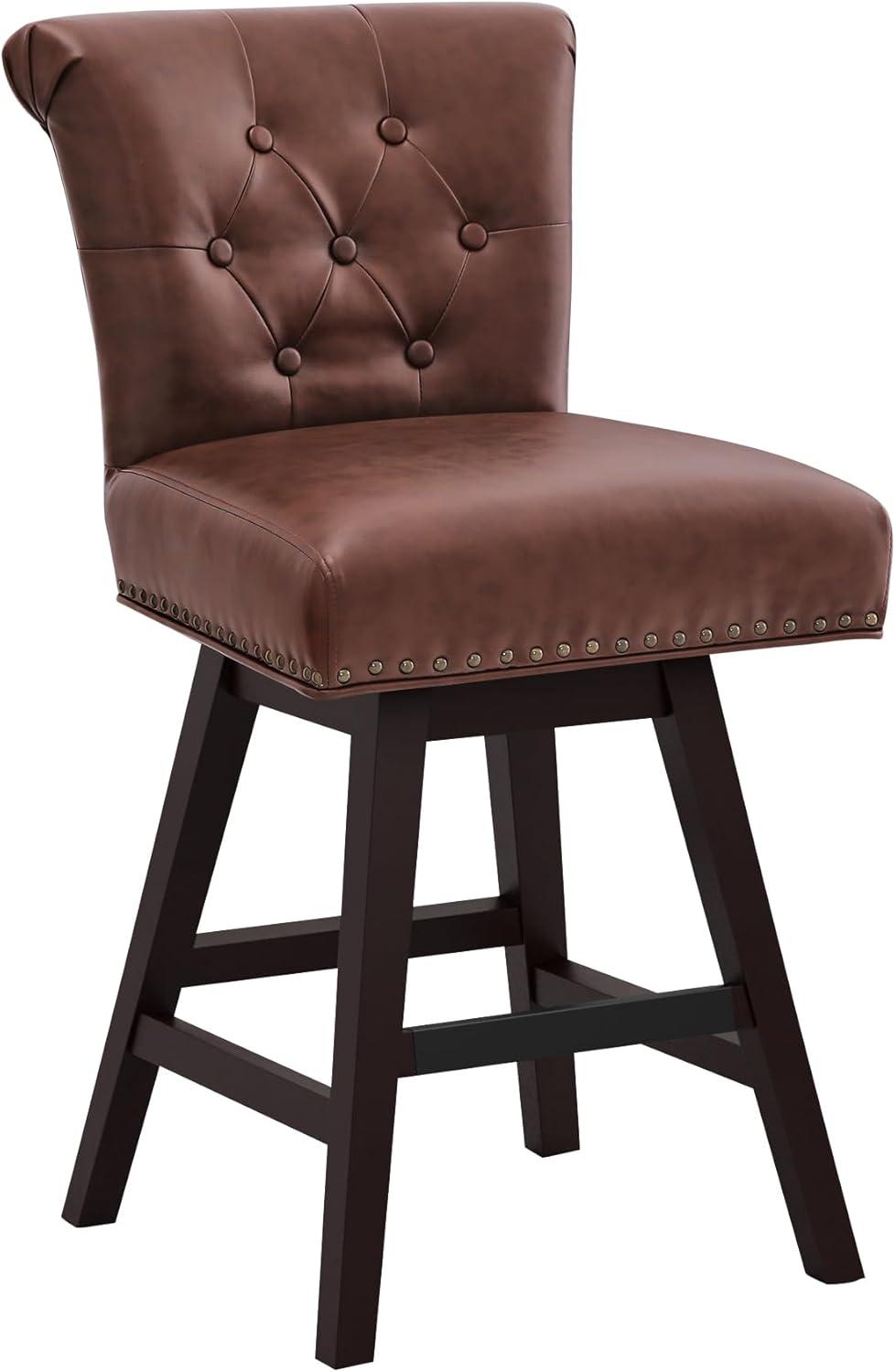 Dark Brown Faux Leather Swivel Bar Stools with Wood Legs, Set of 4