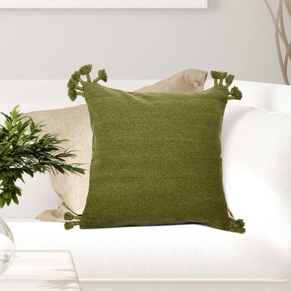 Green Cotton Canvas Pillow Cover with Tassels, 20" x 20"