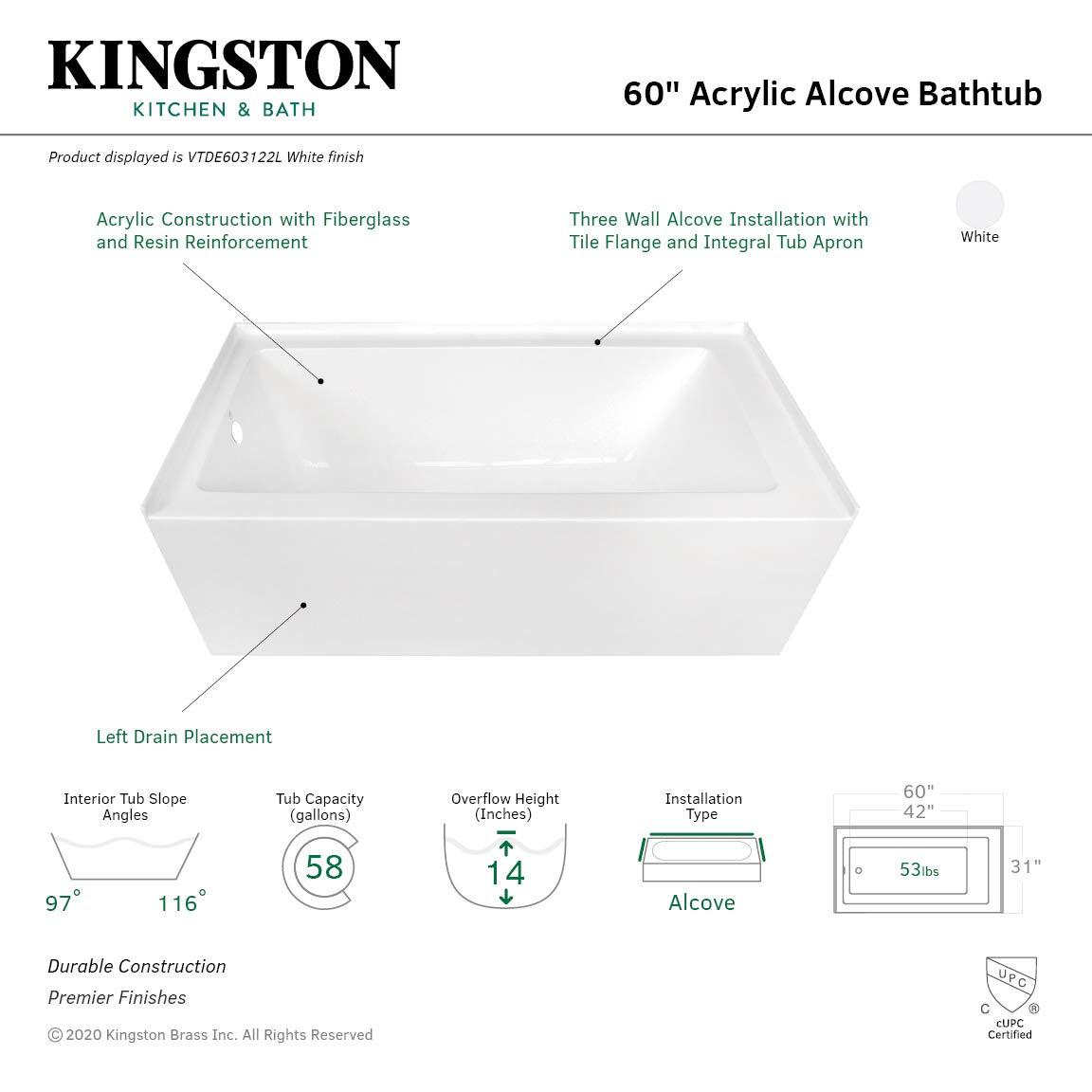Kingston Brass Aqua Eden 60-Inch Acrylic Rectangular 3-Wall Alcove Tub