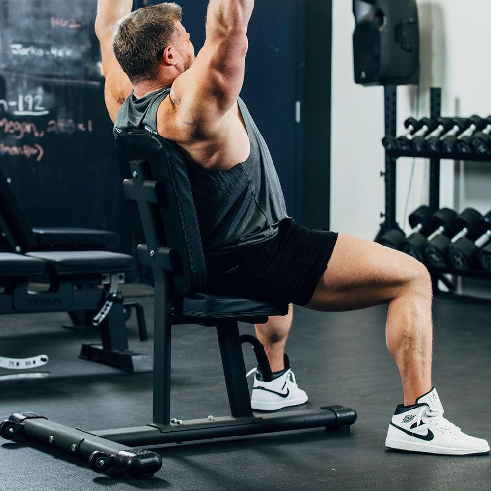 Titan Fitness Seated Stationary Bench, Rated 330 LB, Ergonomic Angled Back, Comfortable HeftyGrip Padding, Front Handle, Rear Wheels for Easy Transport, Utility Upright Weight Bench